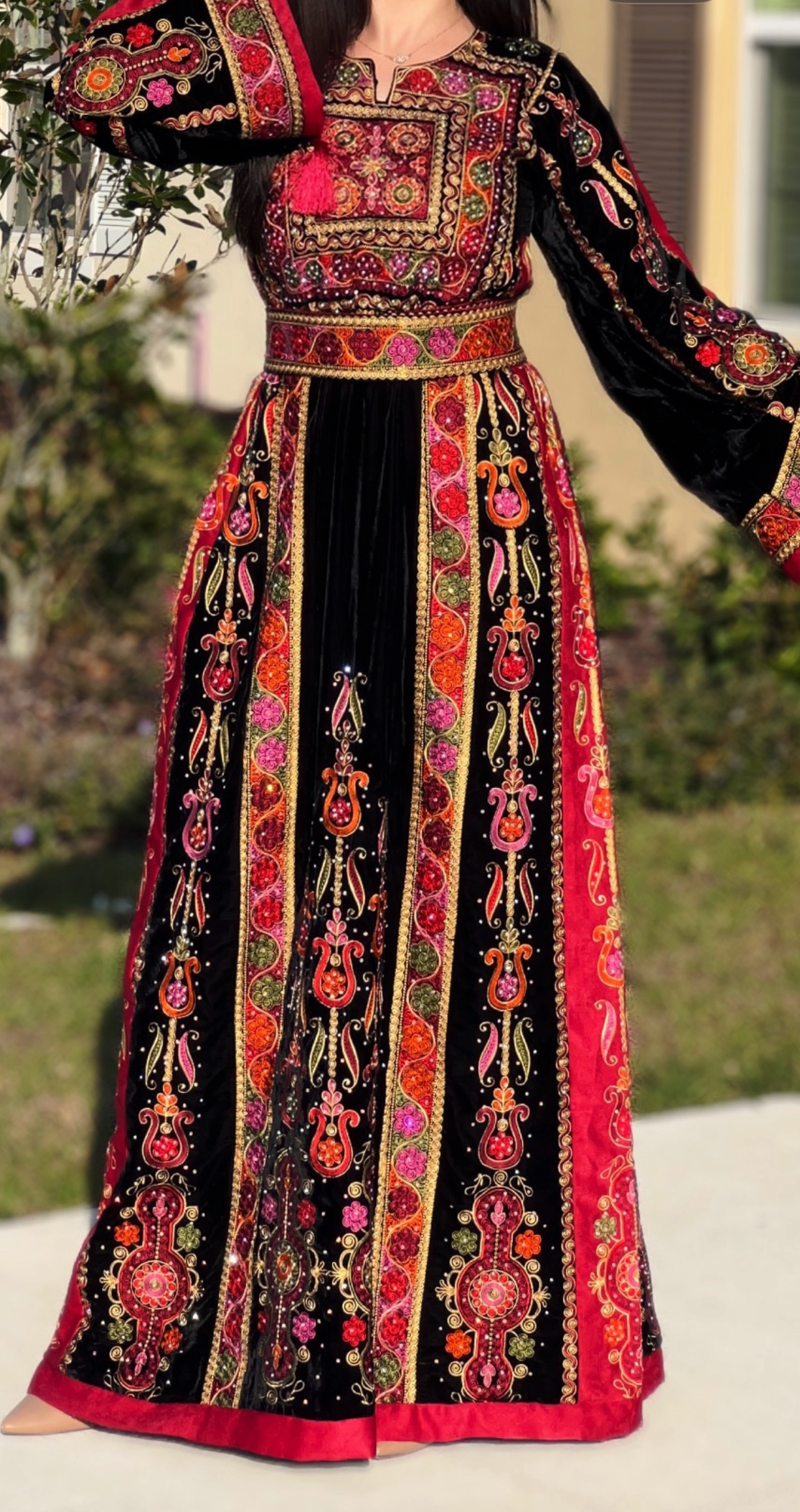 Black Velvet Malacca Red Embroidered Palestinian Fellahi Thobe