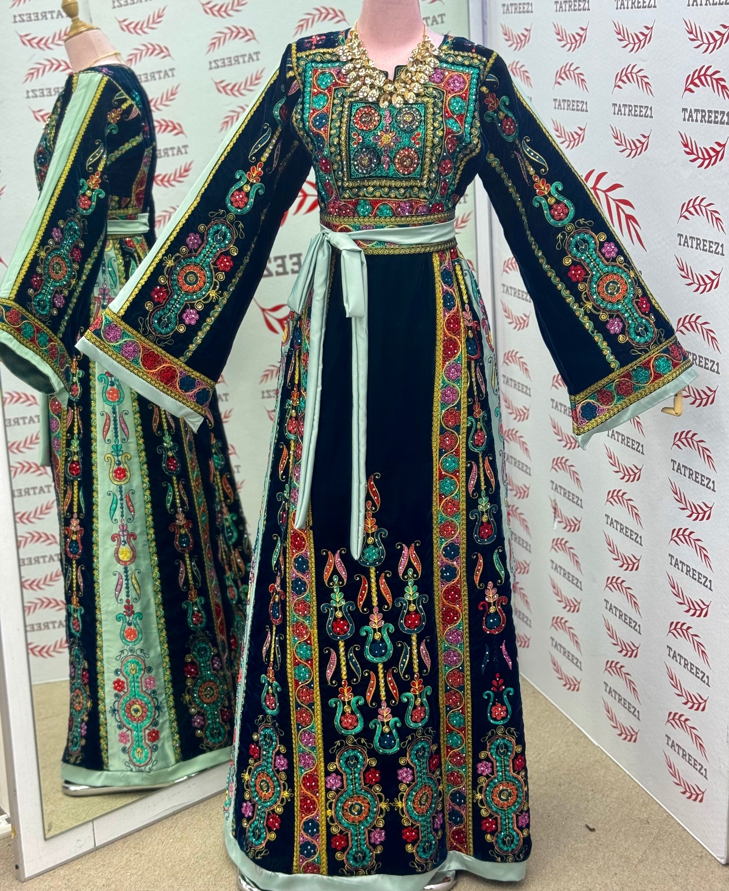 Turquoise Velvet Malacca Embroidered Palestinian Fellahi Thobe