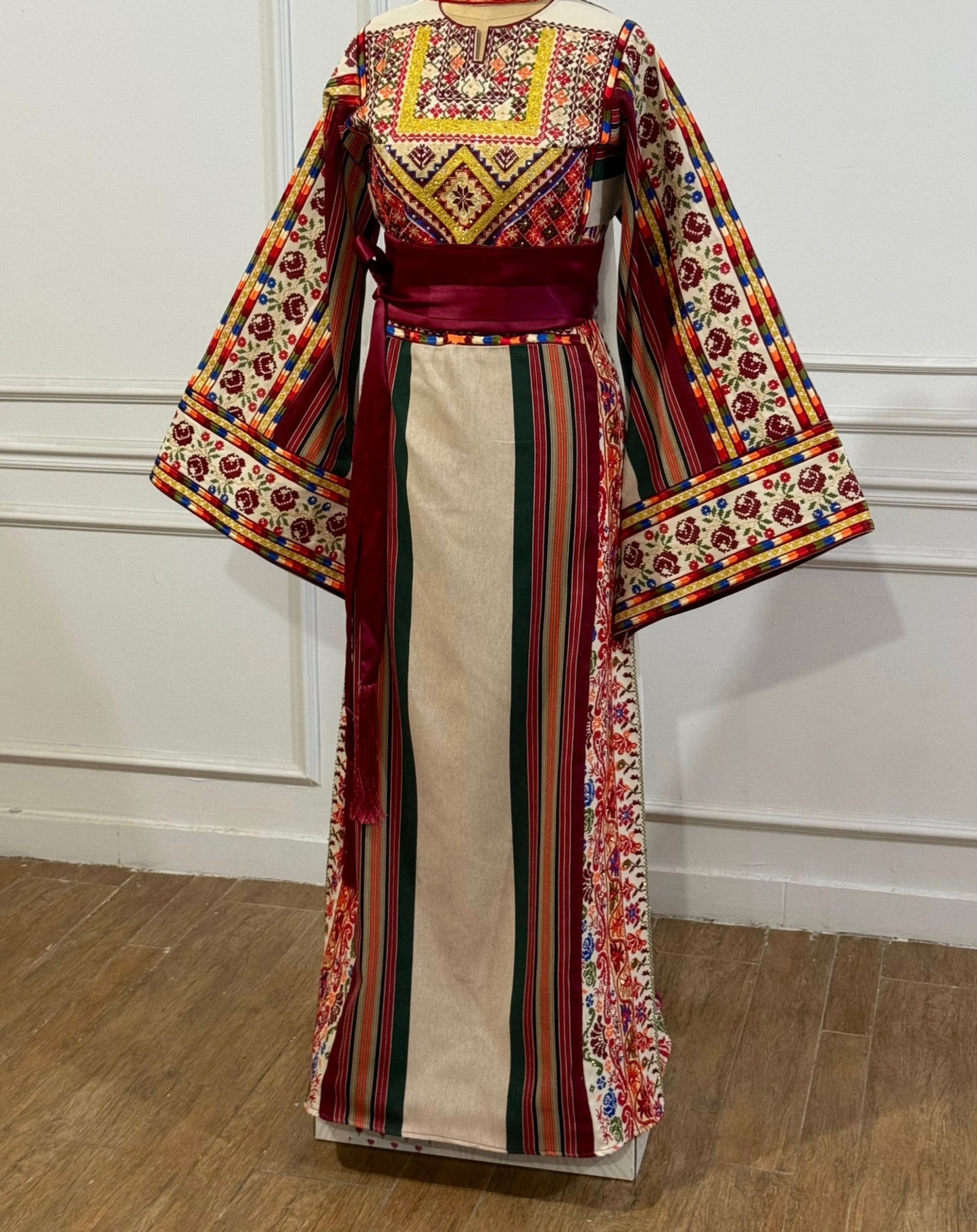Beige Majdalway Embroidered Palestinian Fellahi Thobe With Matching Headpiece