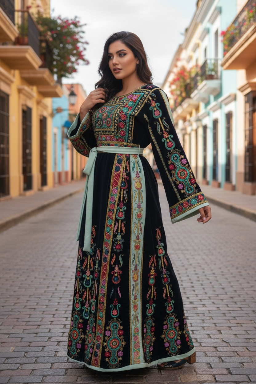 Turquoise Velvet Malacca Embroidered Palestinian Fellahi Thobe