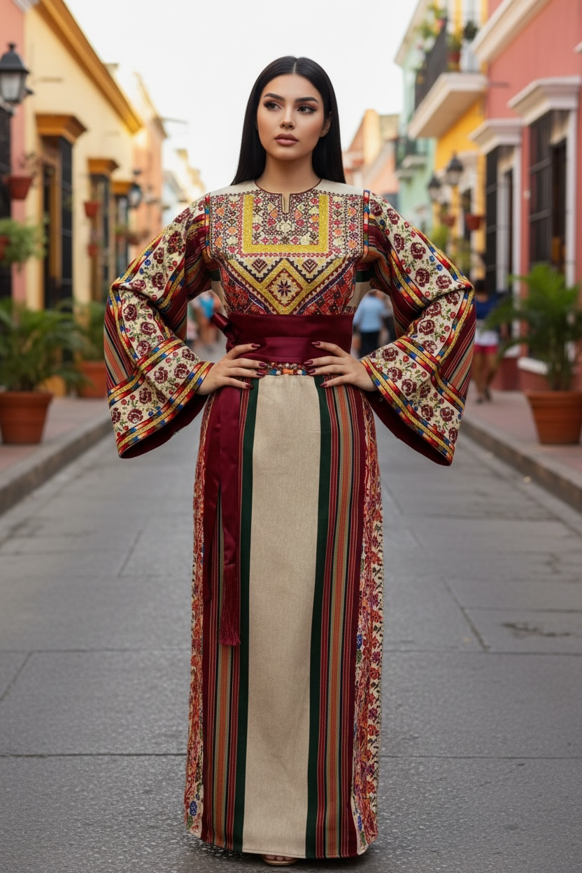 Beige Majdalway Embroidered Palestinian Fellahi Thobe With Matching Headpiece & overskirt