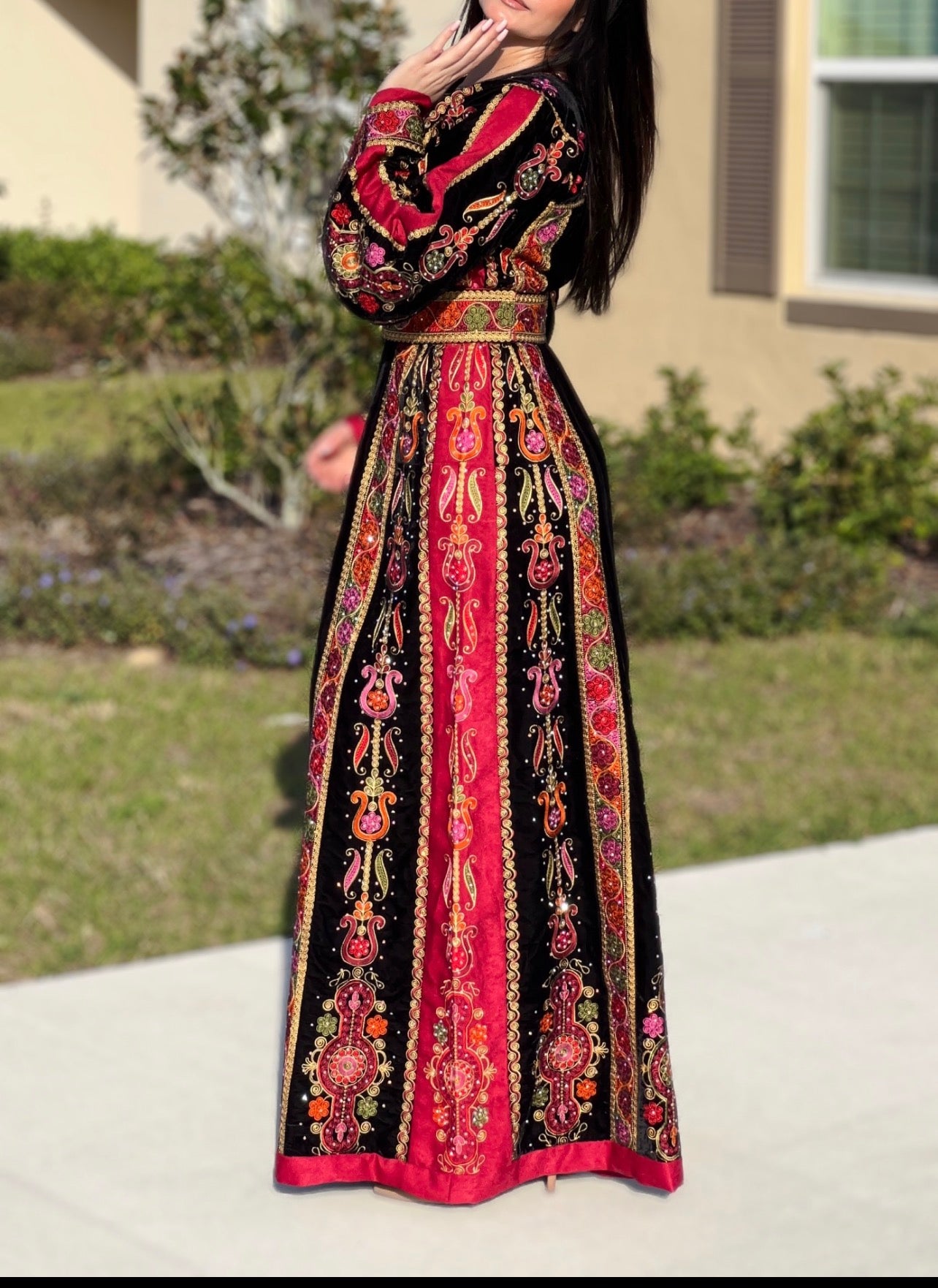 Black Velvet Malacca  Red Embroidered Palestinian Fellahi Thobe