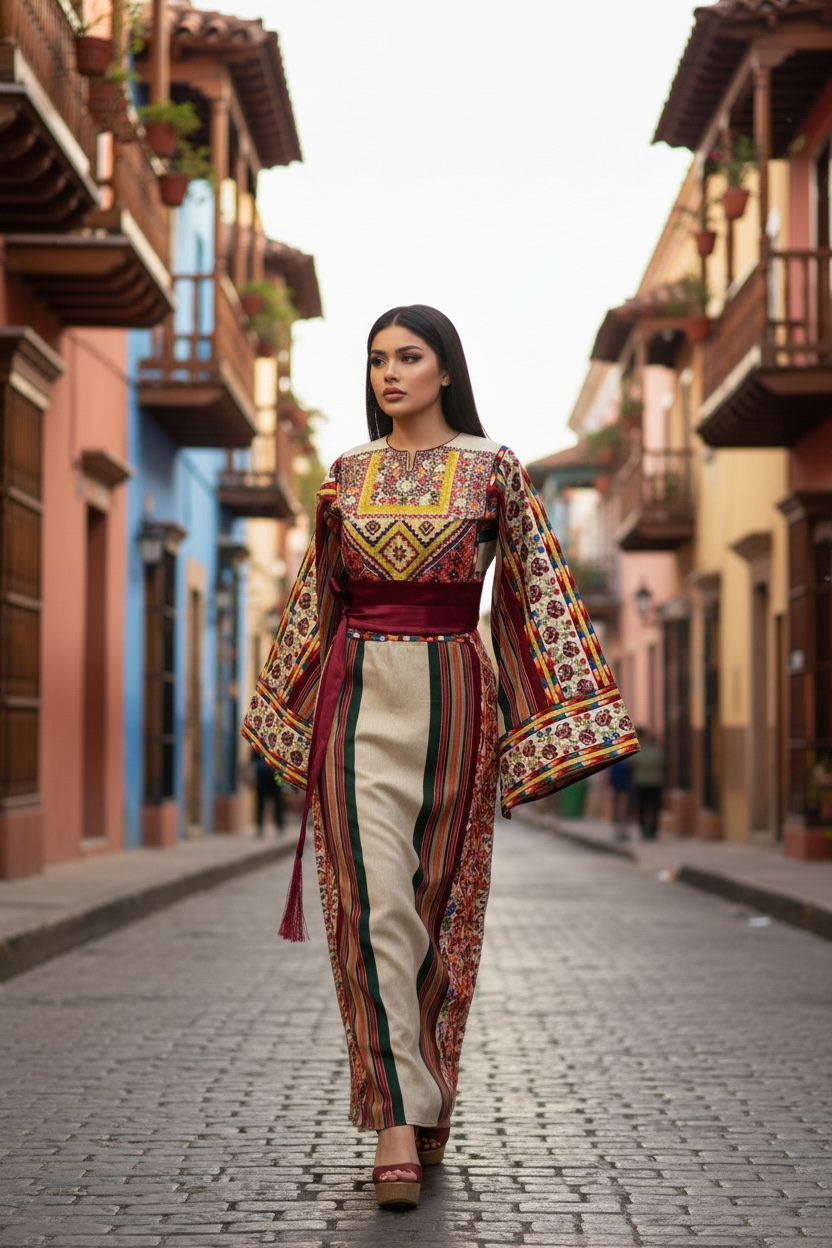 Beige Majdalway Embroidered Palestinian Fellahi Thobe With Matching Headpiece & overskirt