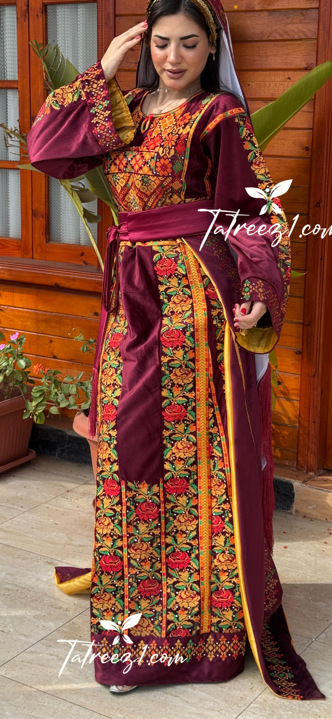 Maroon Silk Velvet Thoub with Stone Embroidery and Overskirt