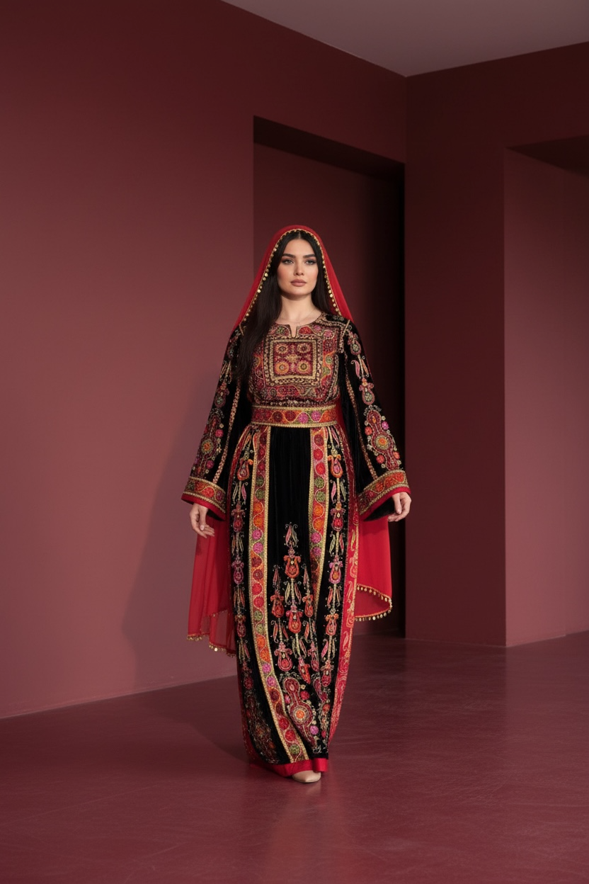 Black Velvet Malacca  Red Embroidered Palestinian Fellahi Thobe