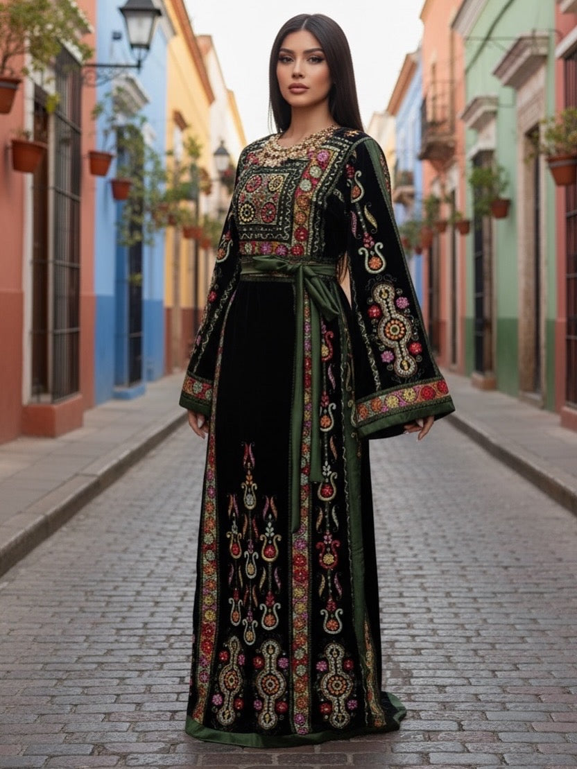 Midnight Velvet Malacca Embroidered Palestinian Fellahi Thobe