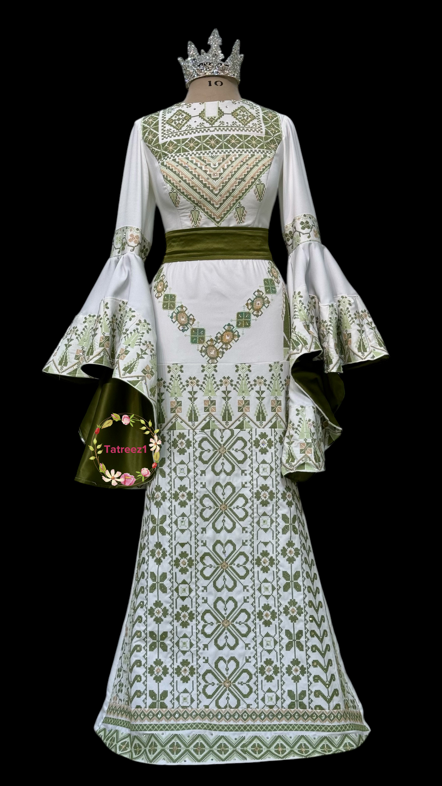 Preorder Green Wedding Embroidery Dress, comes with an overskirt and matching headpiece.