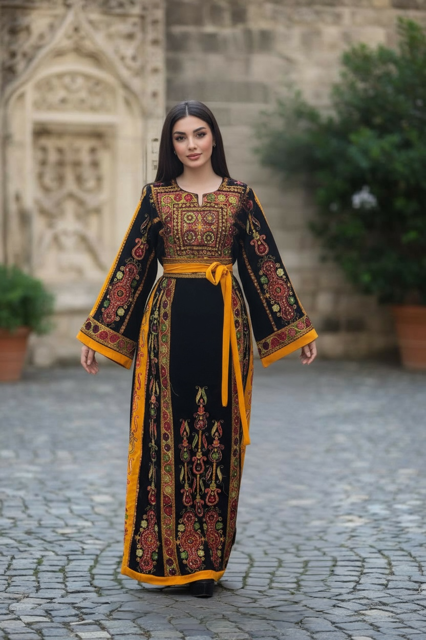 Midnight Velvet Malacca Embroidered Palestinian Fellahi Thobe
