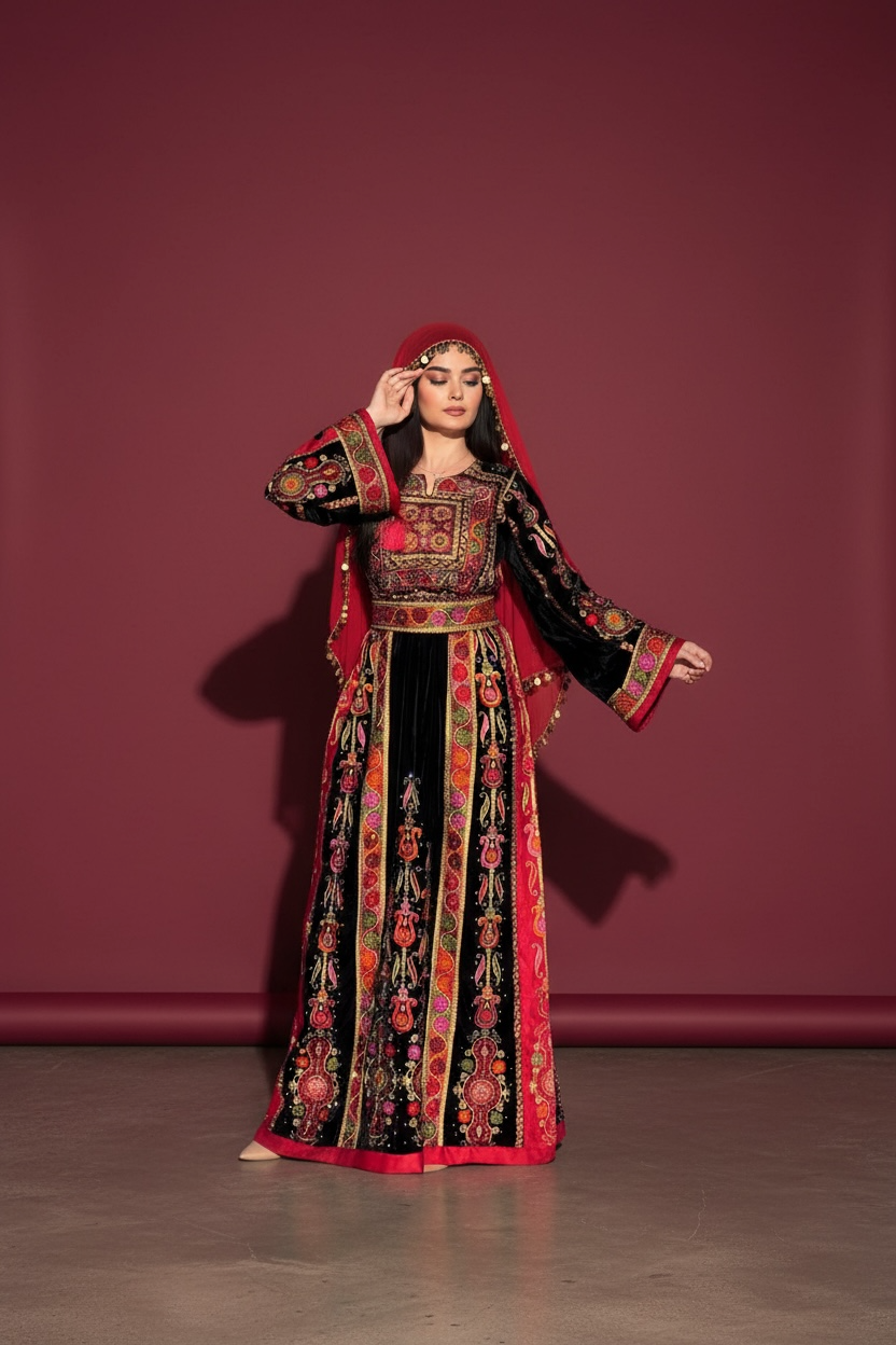 Black Velvet Malacca  Red Embroidered Palestinian Fellahi Thobe