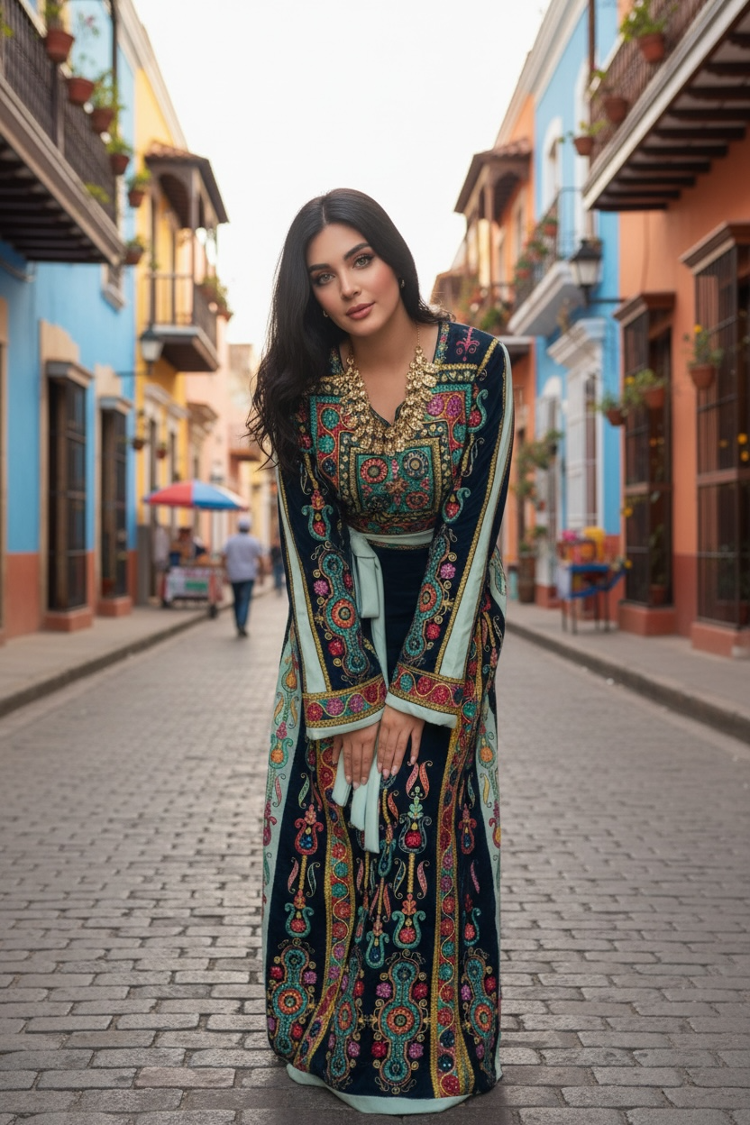 Turquoise Velvet Malacca Embroidered Palestinian Fellahi Thobe