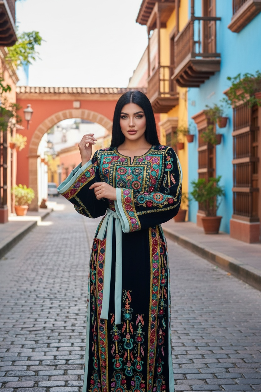 Turquoise Velvet Malacca Embroidered Palestinian Fellahi Thobe