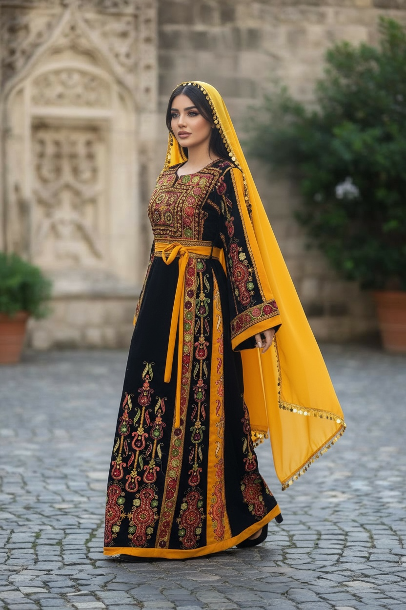 Midnight Velvet Malacca Embroidered Palestinian Fellahi Thobe