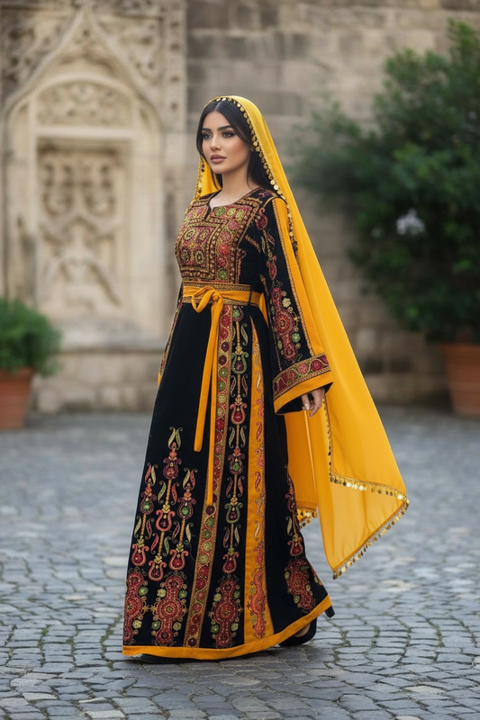 Midnight Velvet Malacca Embroidered Palestinian Fellahi Thobe
