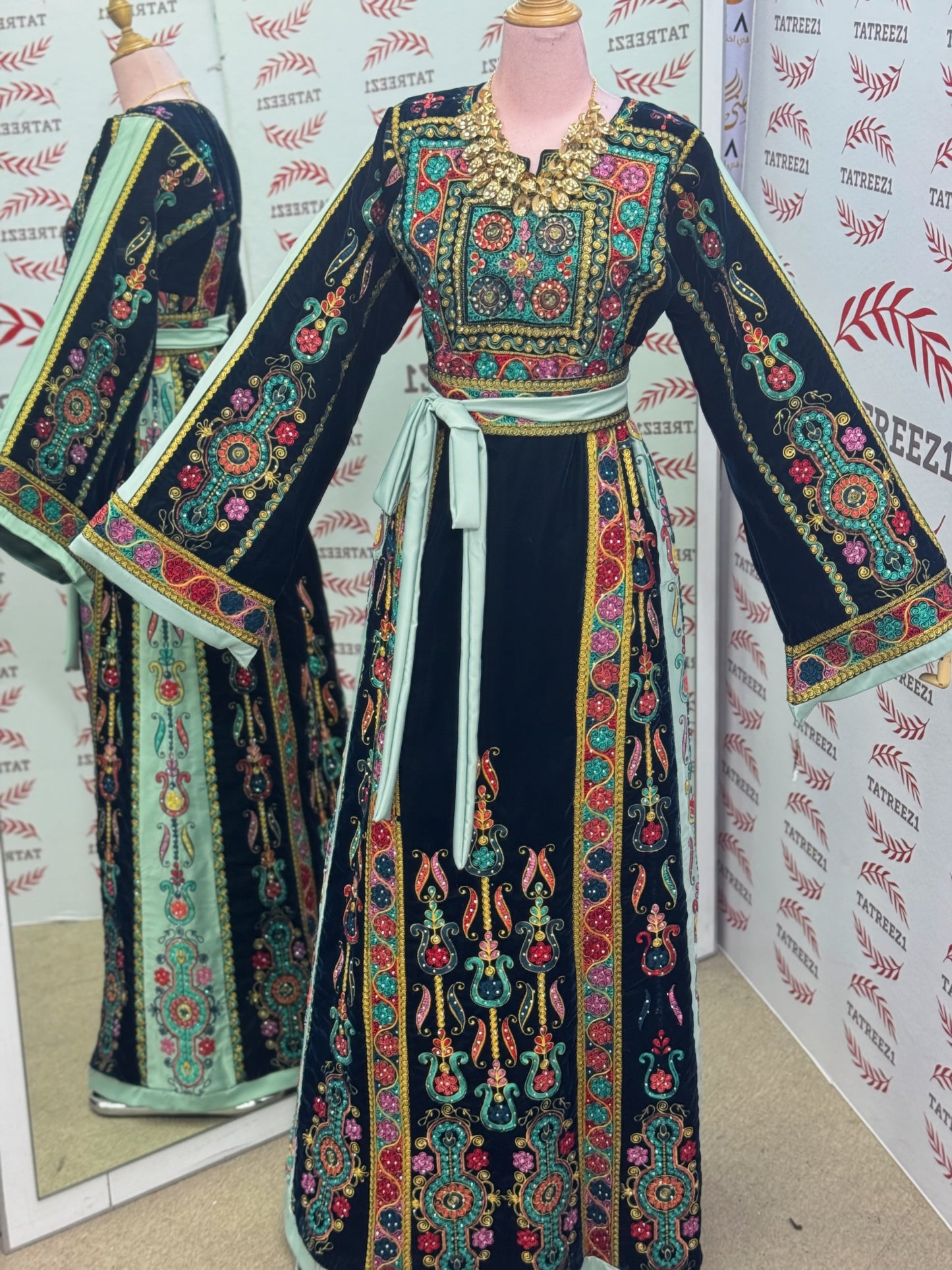 Turquoise Velvet Malacca Embroidered Palestinian Fellahi Thobe