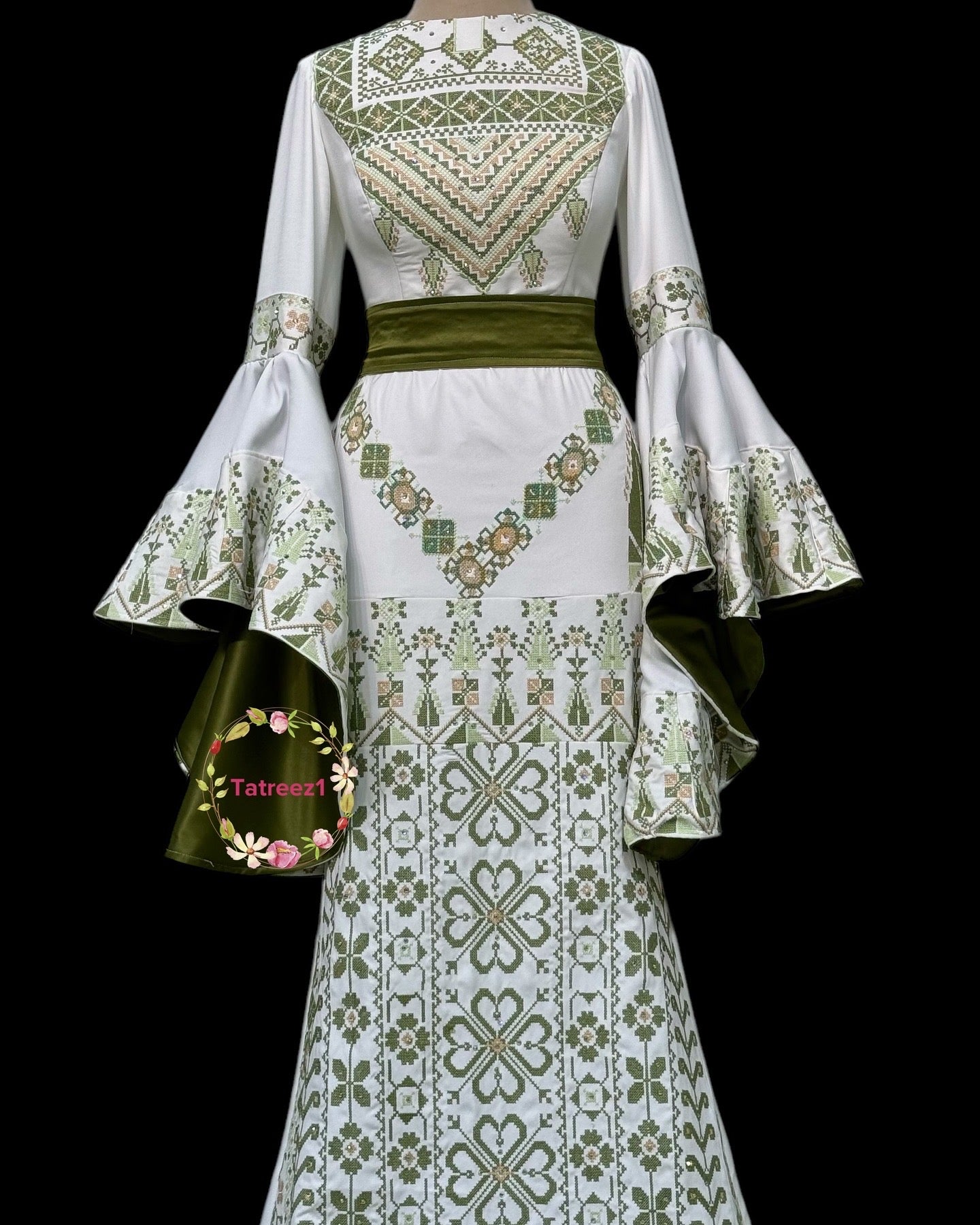 Preorder Green Wedding Embroidery Dress, comes with an overskirt and matching headpiece.