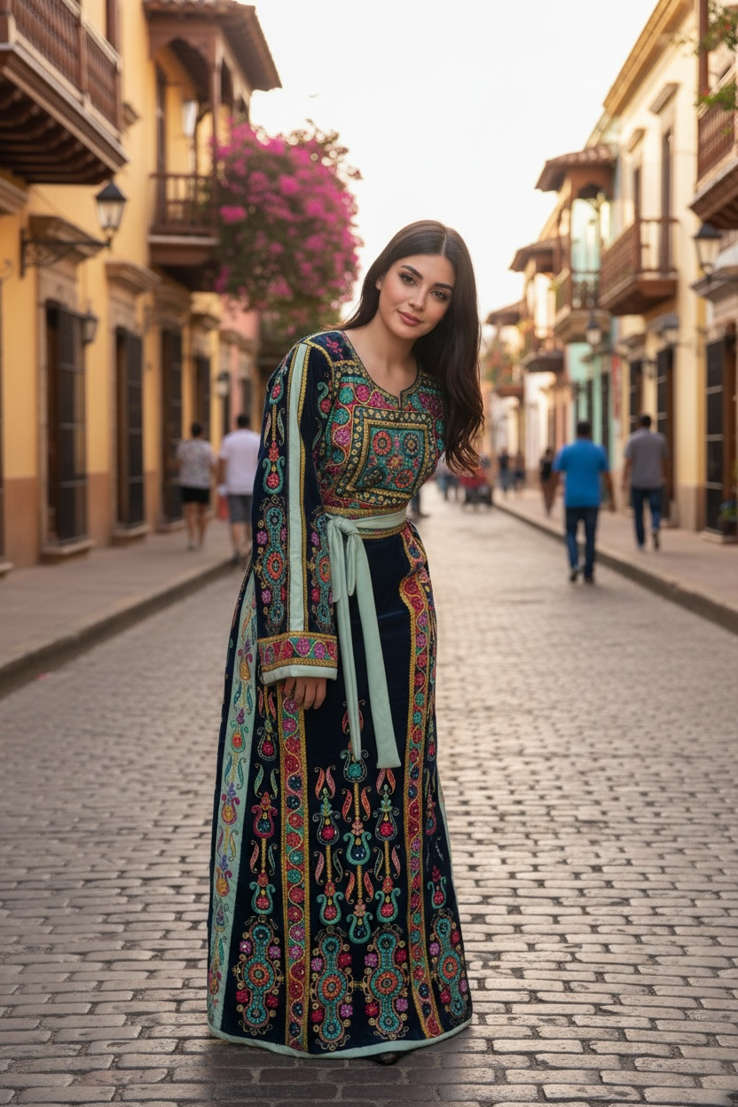 Turquoise Velvet Malacca Embroidered Palestinian Fellahi Thobe