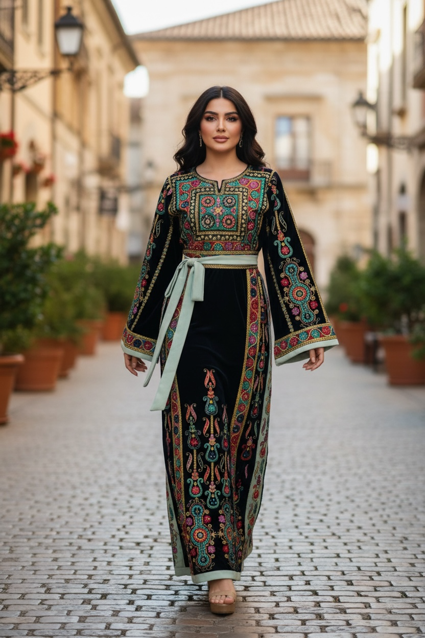 Turquoise Velvet Malacca Embroidered Palestinian Fellahi Thobe