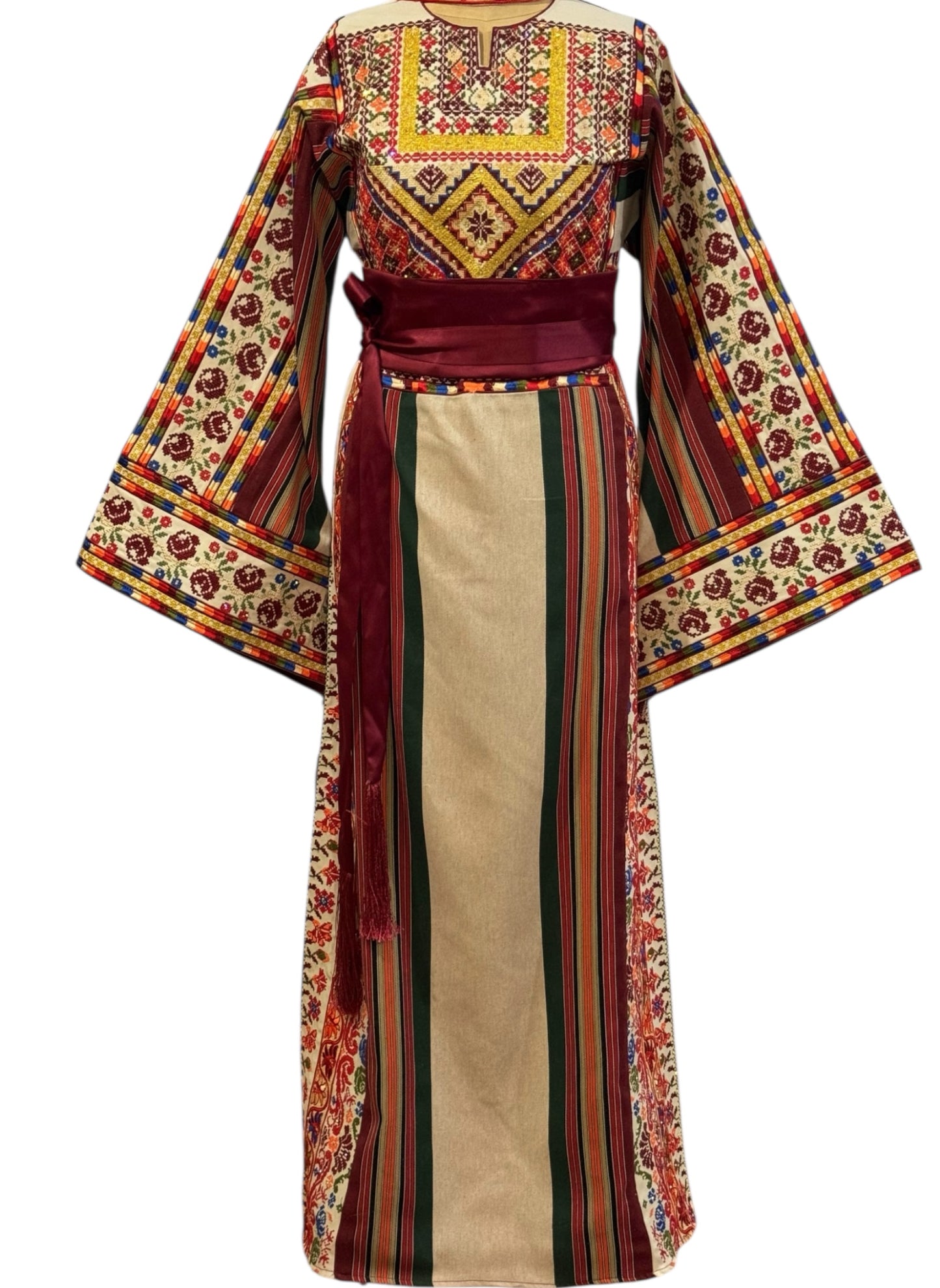 Beige Majdalway Embroidered Palestinian Fellahi Thobe With Matching Headpiece & overskirt