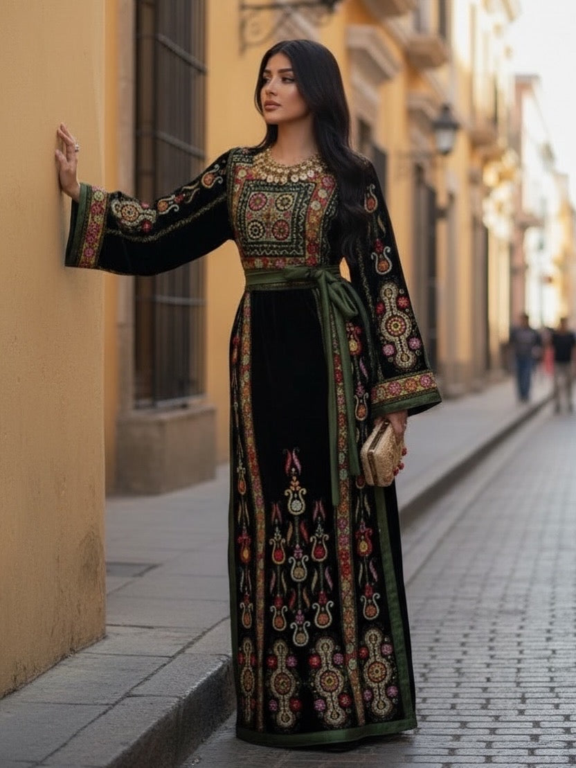 Midnight Velvet Malacca Embroidered Palestinian Fellahi Thobe