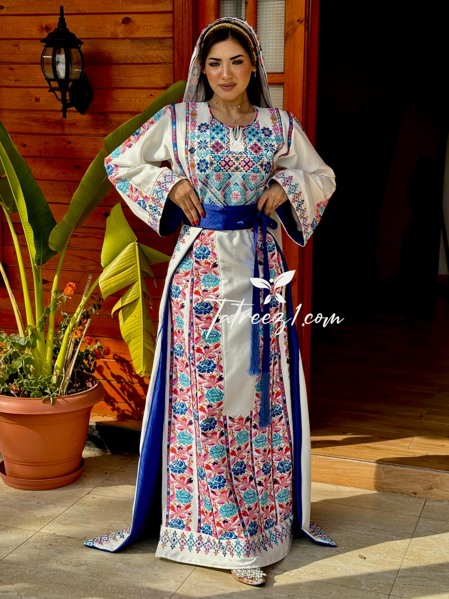 White Stunning Thoub with Floral Blue/Pink Embroidery and Overskirt.