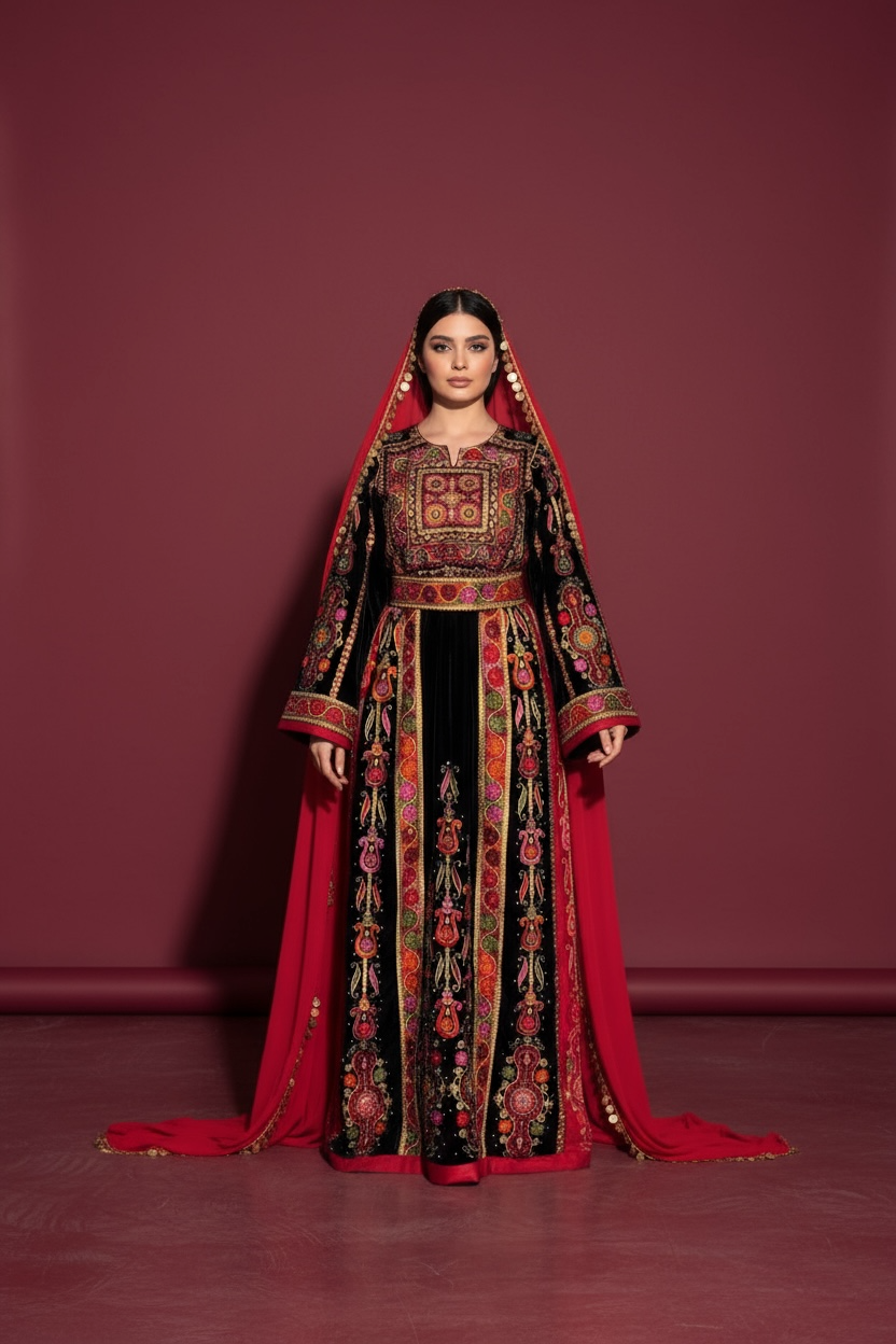 Black Velvet Malacca  Red Embroidered Palestinian Fellahi Thobe