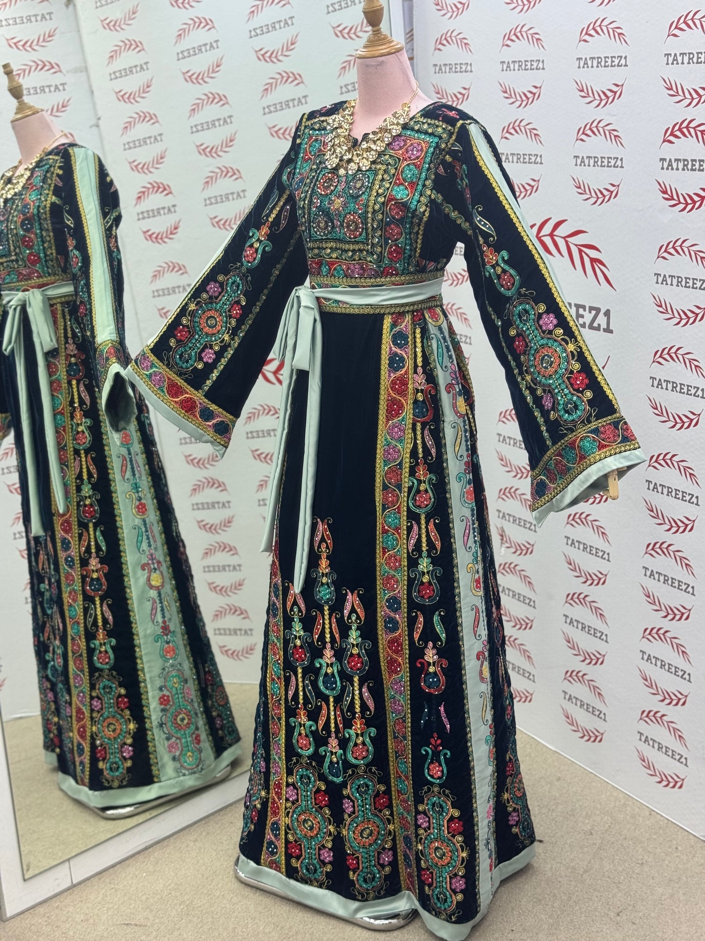 Turquoise Velvet Malacca Embroidered Palestinian Fellahi Thobe