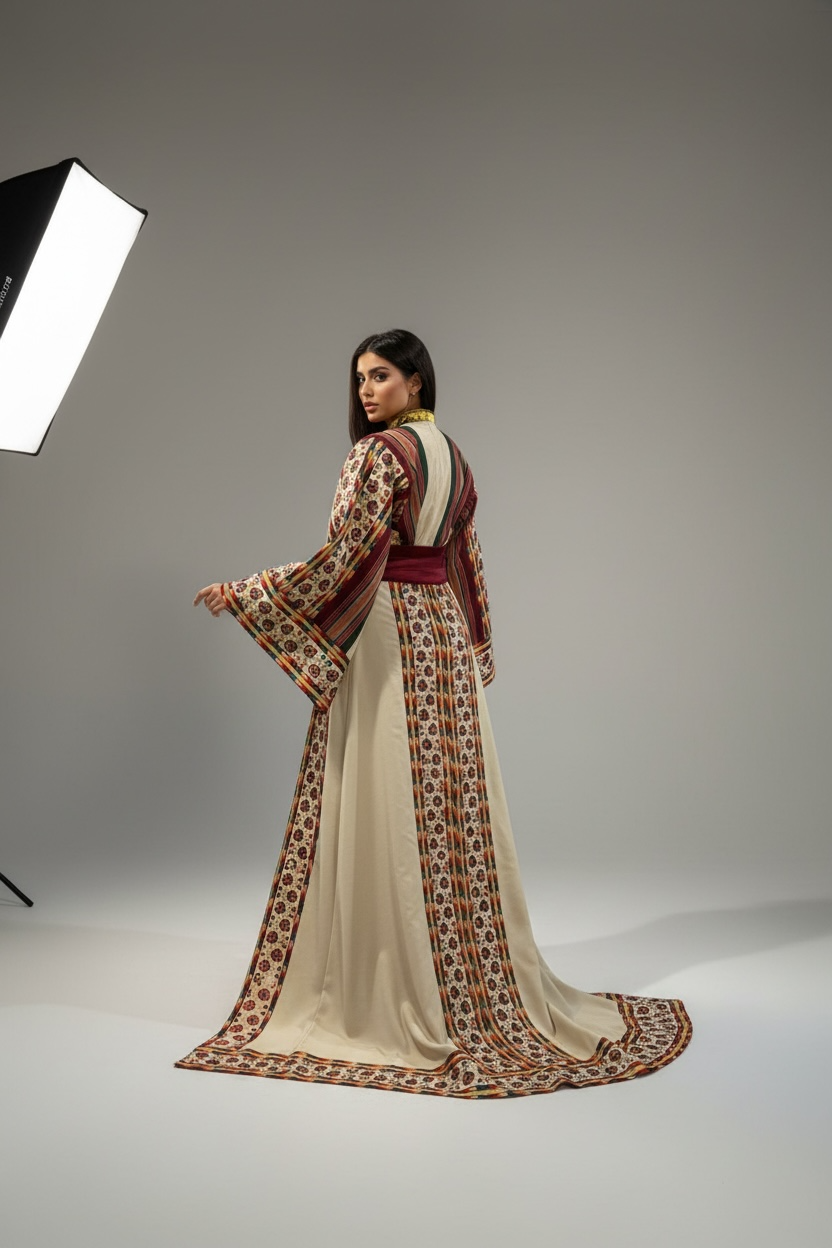 Beige Majdalway Embroidered Palestinian Fellahi Thobe With Matching Headpiece & overskirt