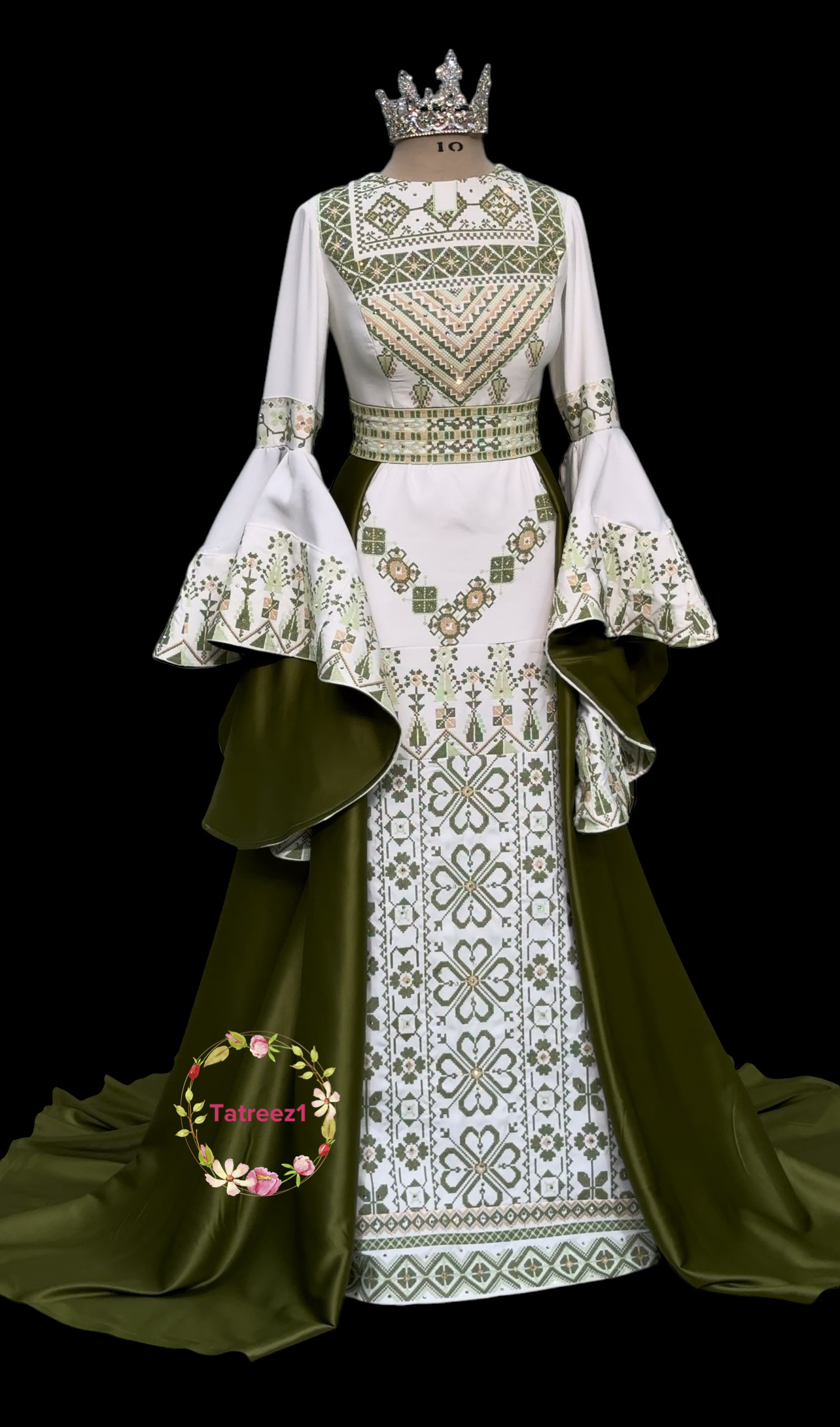 Preorder Green Wedding Embroidery Dress, comes with an overskirt and matching headpiece.