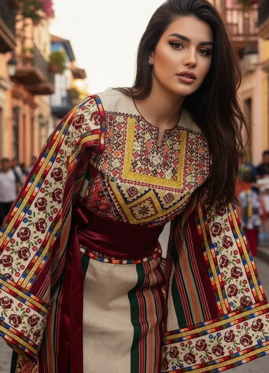 Beige Majdalway Embroidered Palestinian Fellahi Thobe With Matching Headpiece