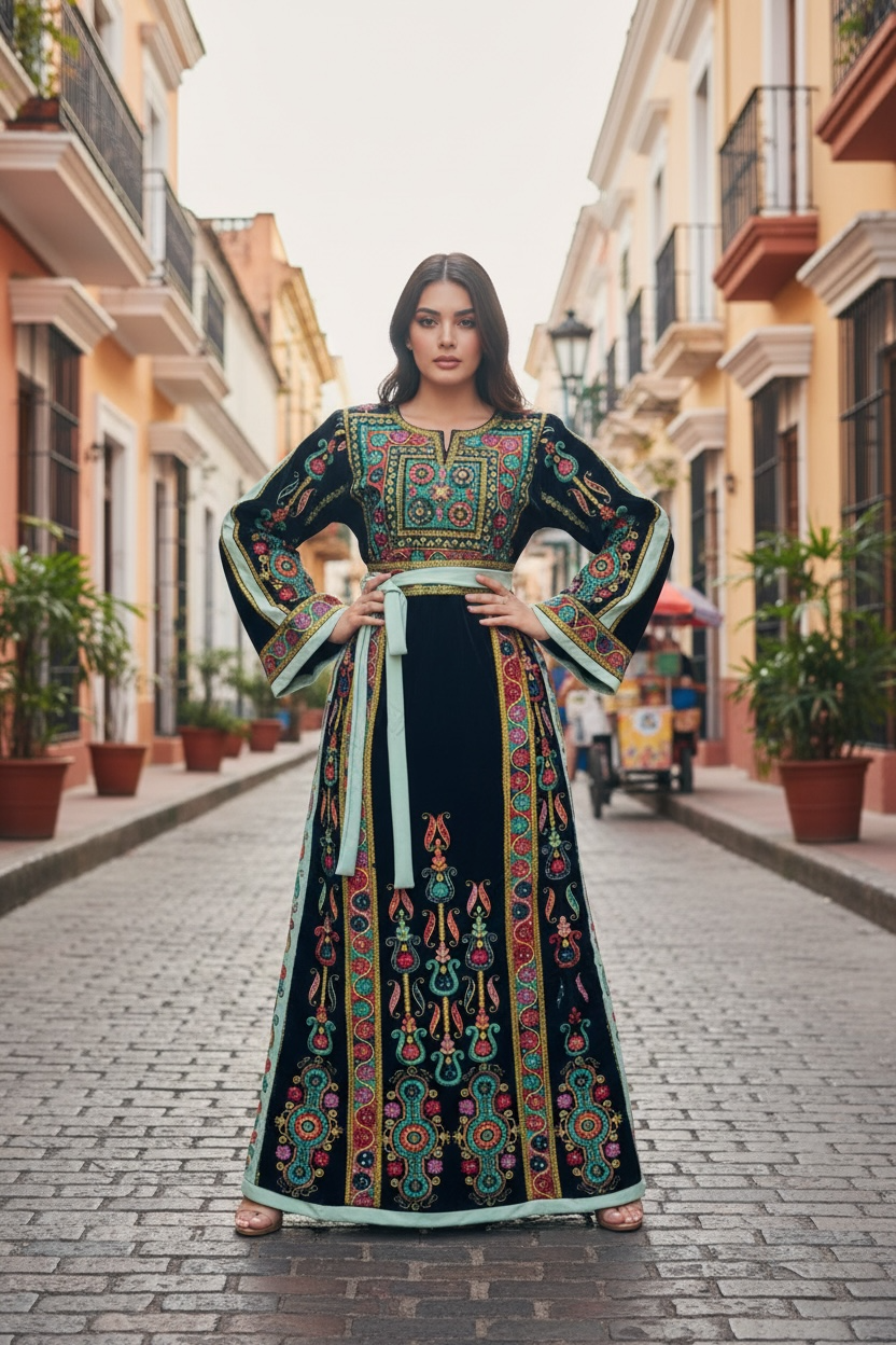 Turquoise Velvet Malacca Embroidered Palestinian Fellahi Thobe