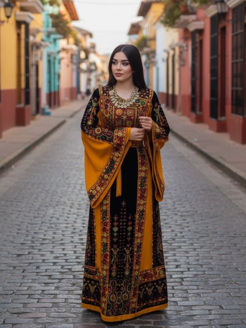 Midnight Velvet Embroidered Palestinian Fellahi Thobe