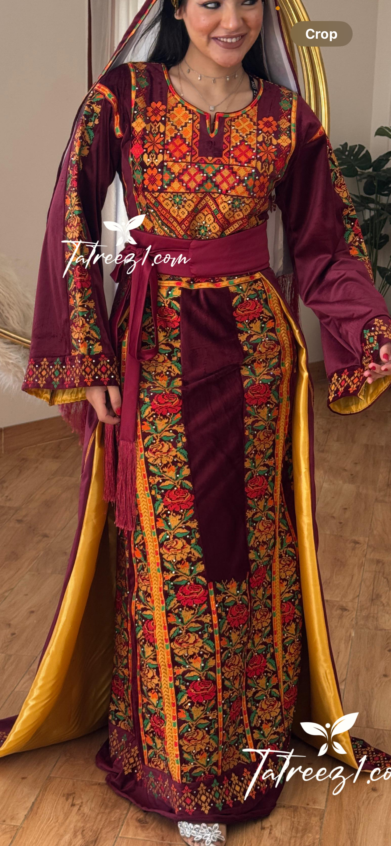 Maroon Silk Velvet Thoub with Stone Embroidery and Overskirt