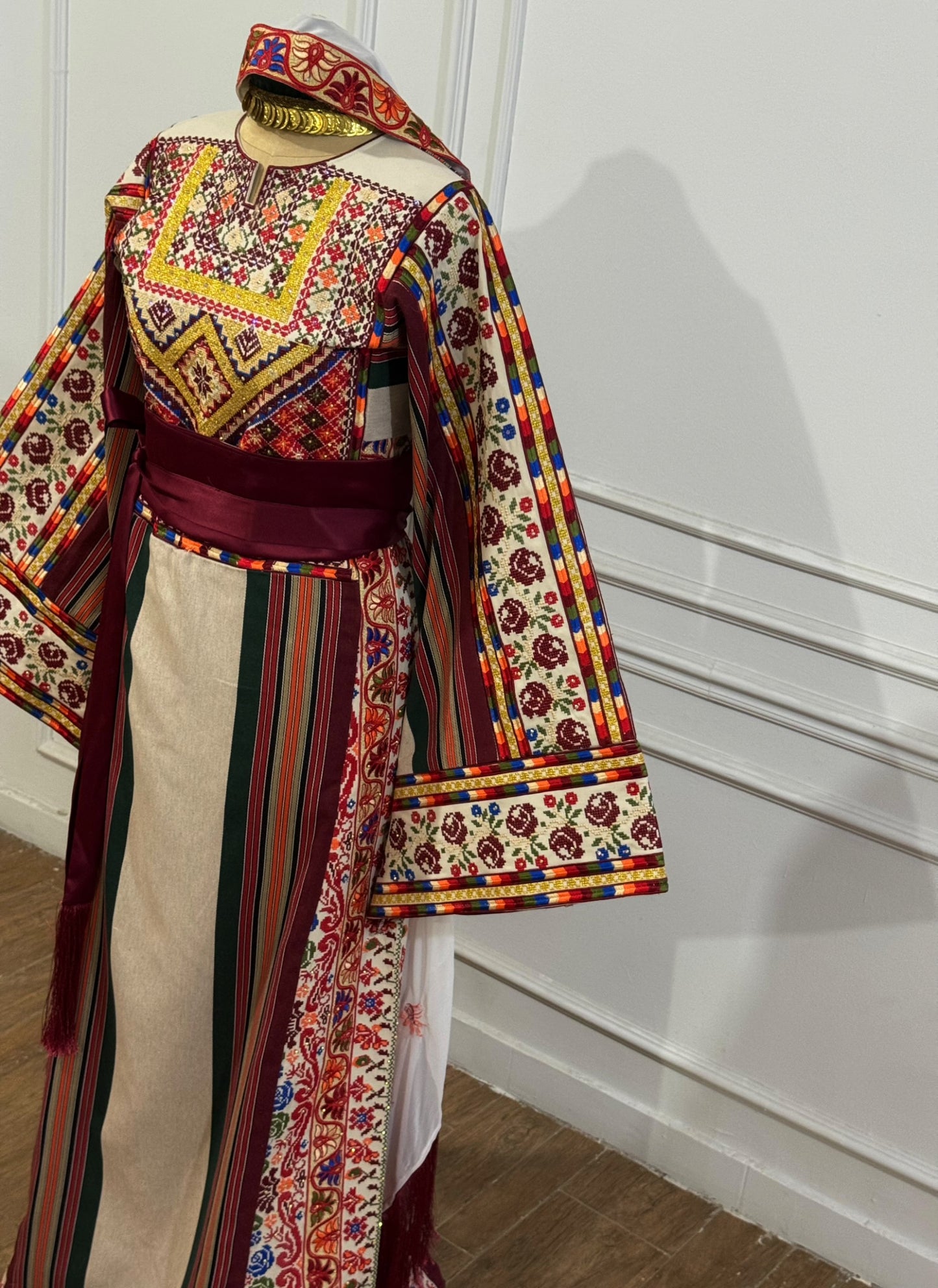 Beige Majdalway Embroidered Palestinian Fellahi Thobe With Matching Headpiece & overskirt