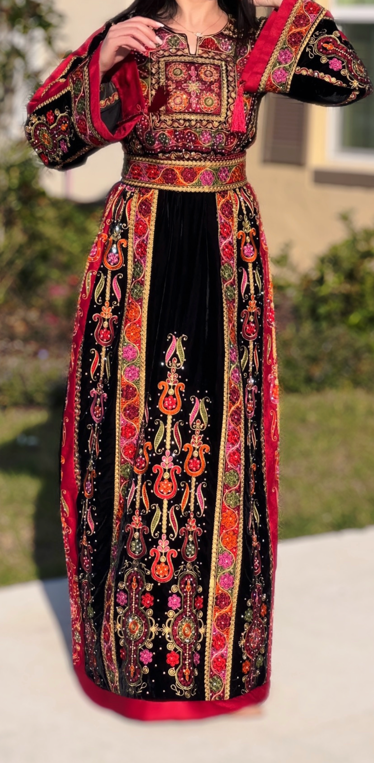 Black Velvet Malacca  Red Embroidered Palestinian Fellahi Thobe
