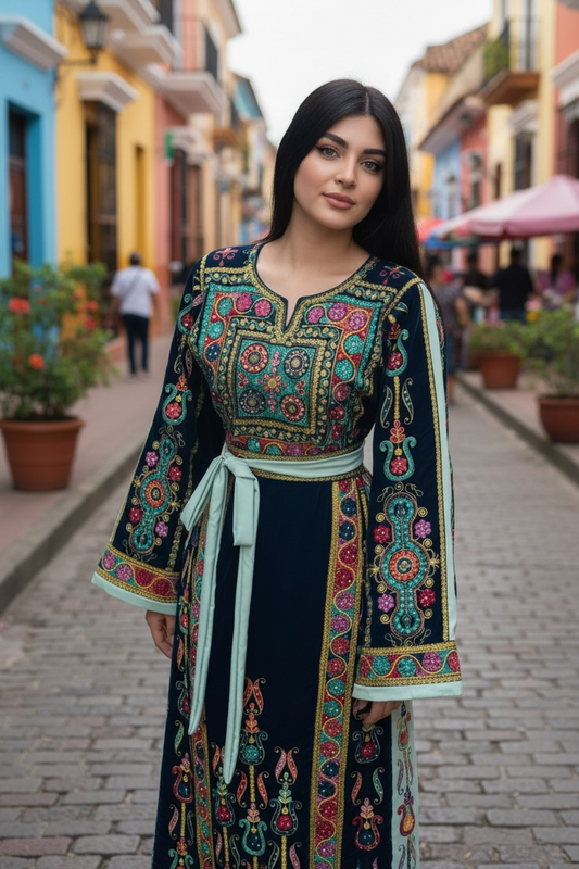 Turquoise Velvet Malacca Embroidered Palestinian Fellahi Thobe