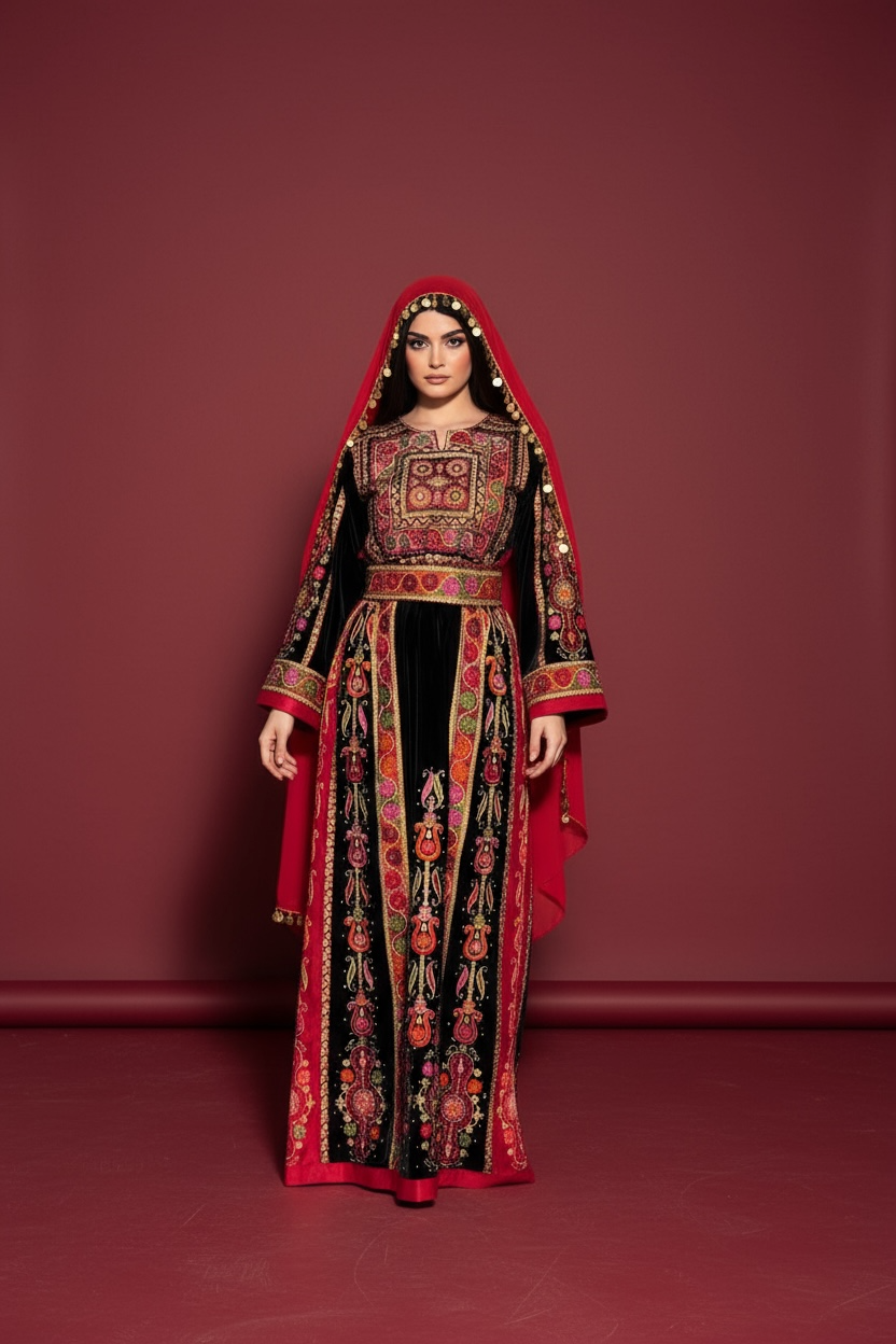 Black Velvet Malacca  Red Embroidered Palestinian Fellahi Thobe