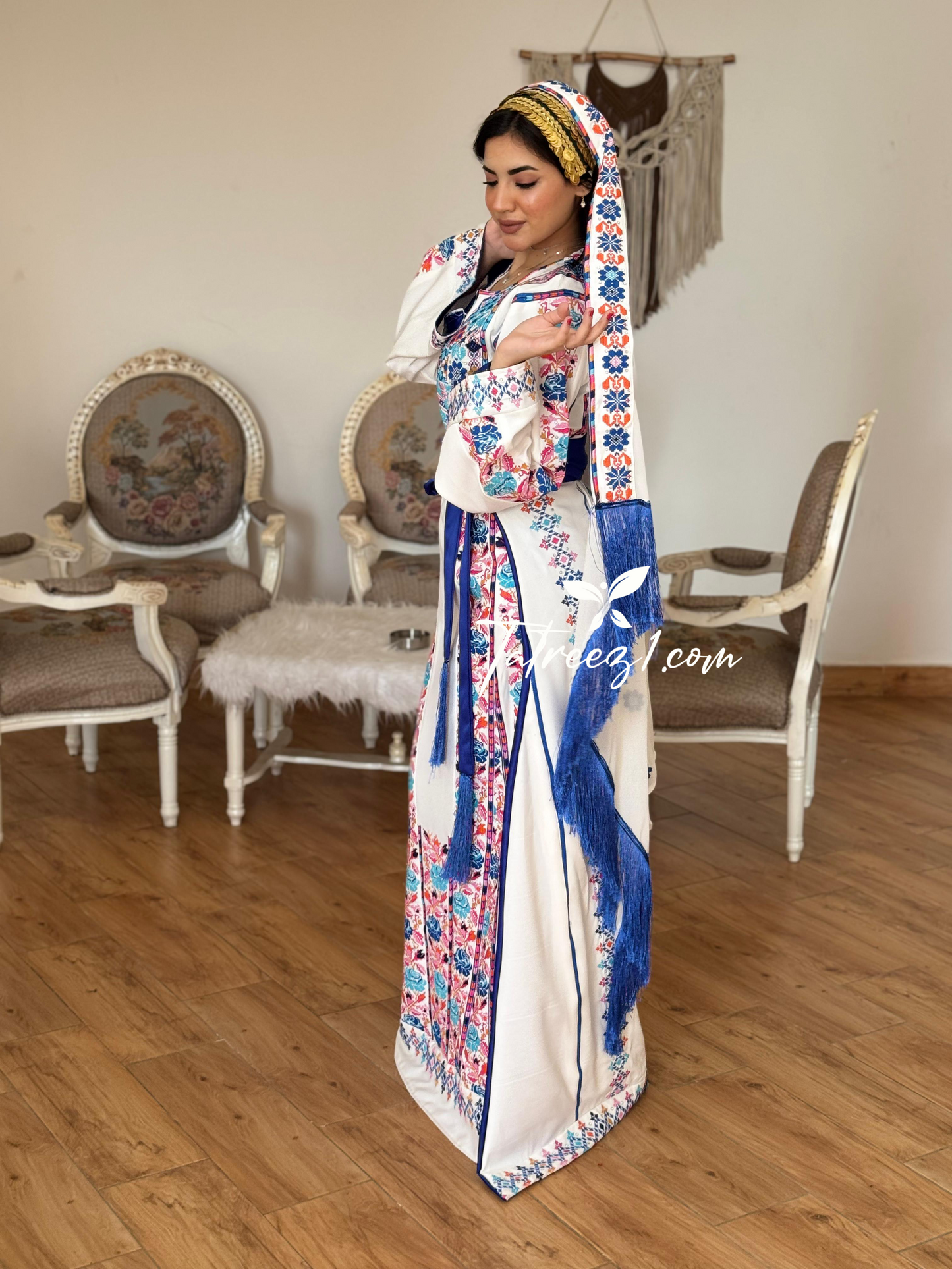 White Stunning Thoub with Floral Blue/Pink Embroidery and Overskirt.