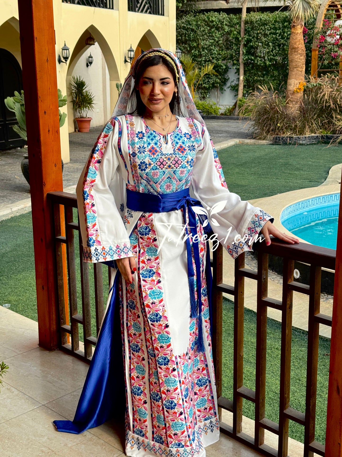 White Stunning Thoub with Floral Blue/Pink Embroidery and Overskirt.