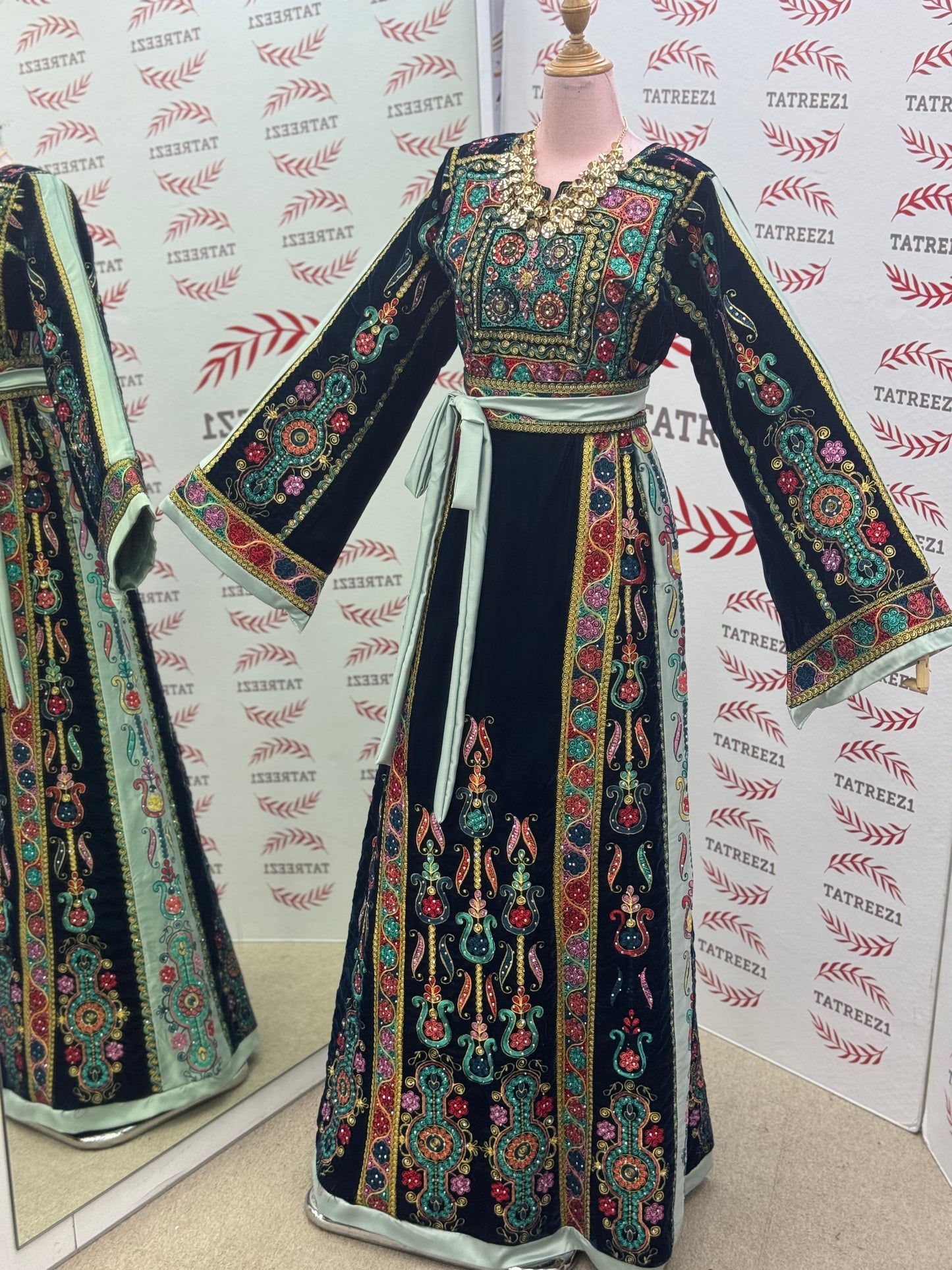 Turquoise Velvet Malacca Embroidered Palestinian Fellahi Thobe