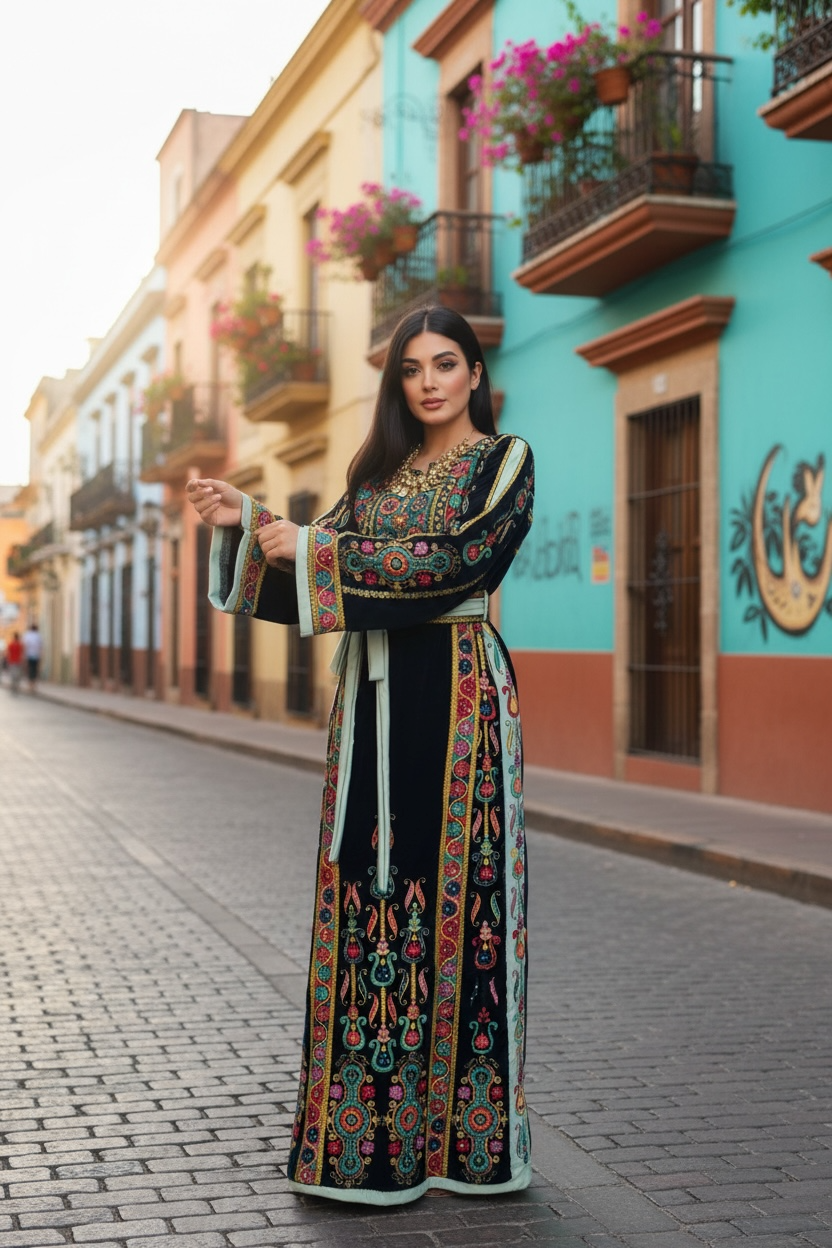 Turquoise Velvet Malacca Embroidered Palestinian Fellahi Thobe