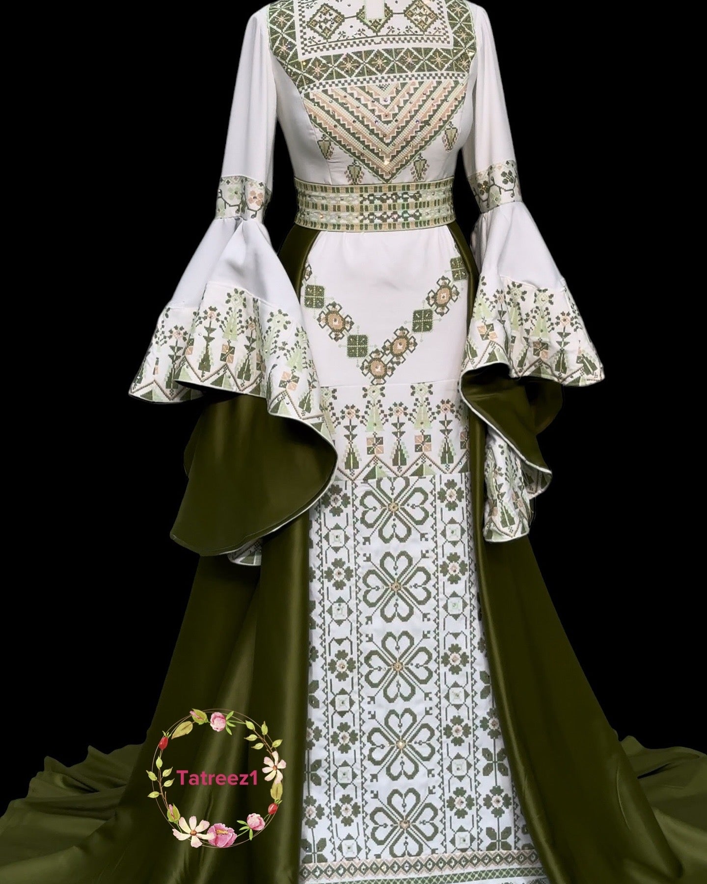 Preorder Green Wedding Embroidery Dress, comes with an overskirt and matching headpiece.