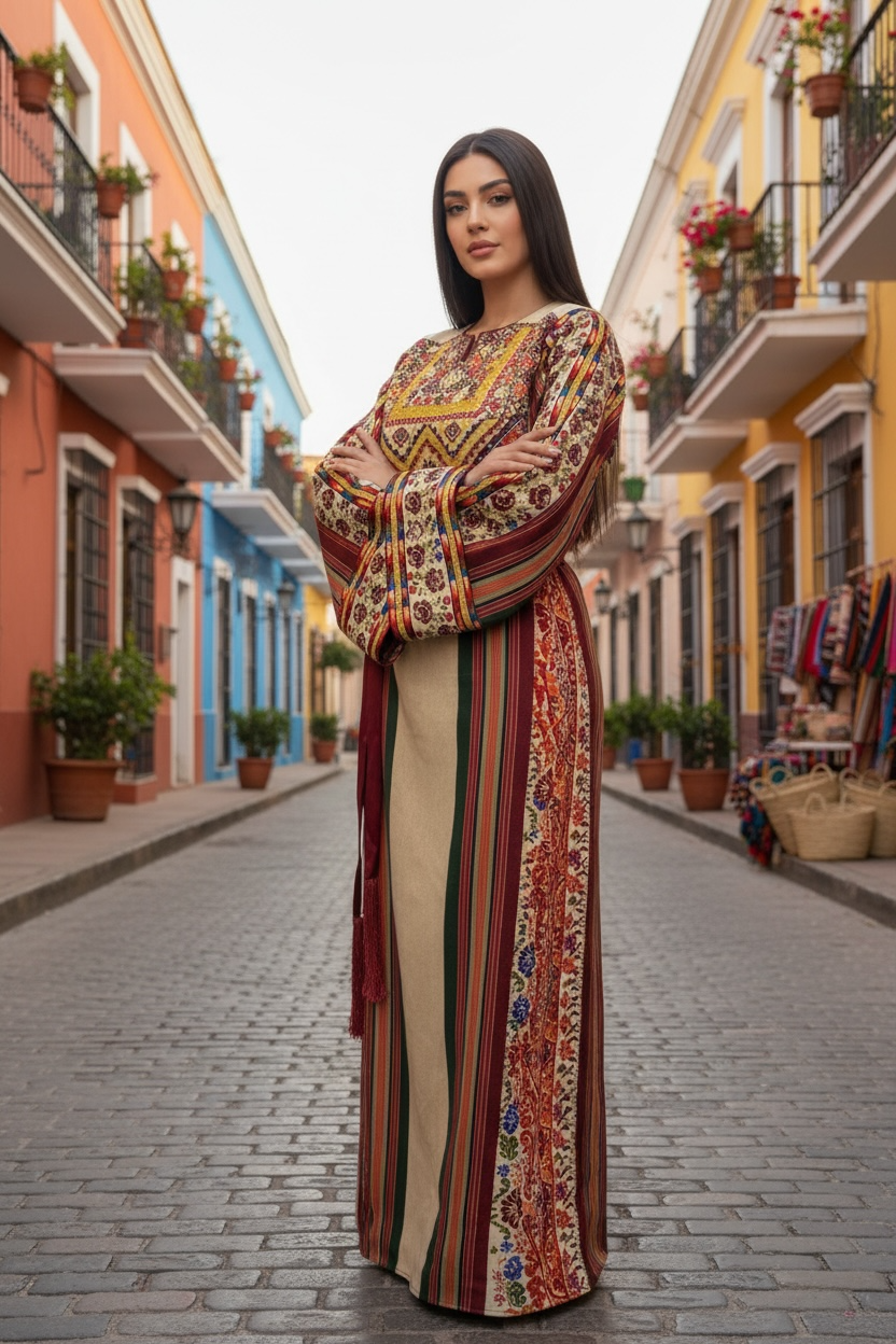 Beige Majdalway Embroidered Palestinian Fellahi Thobe With Matching Headpiece & overskirt