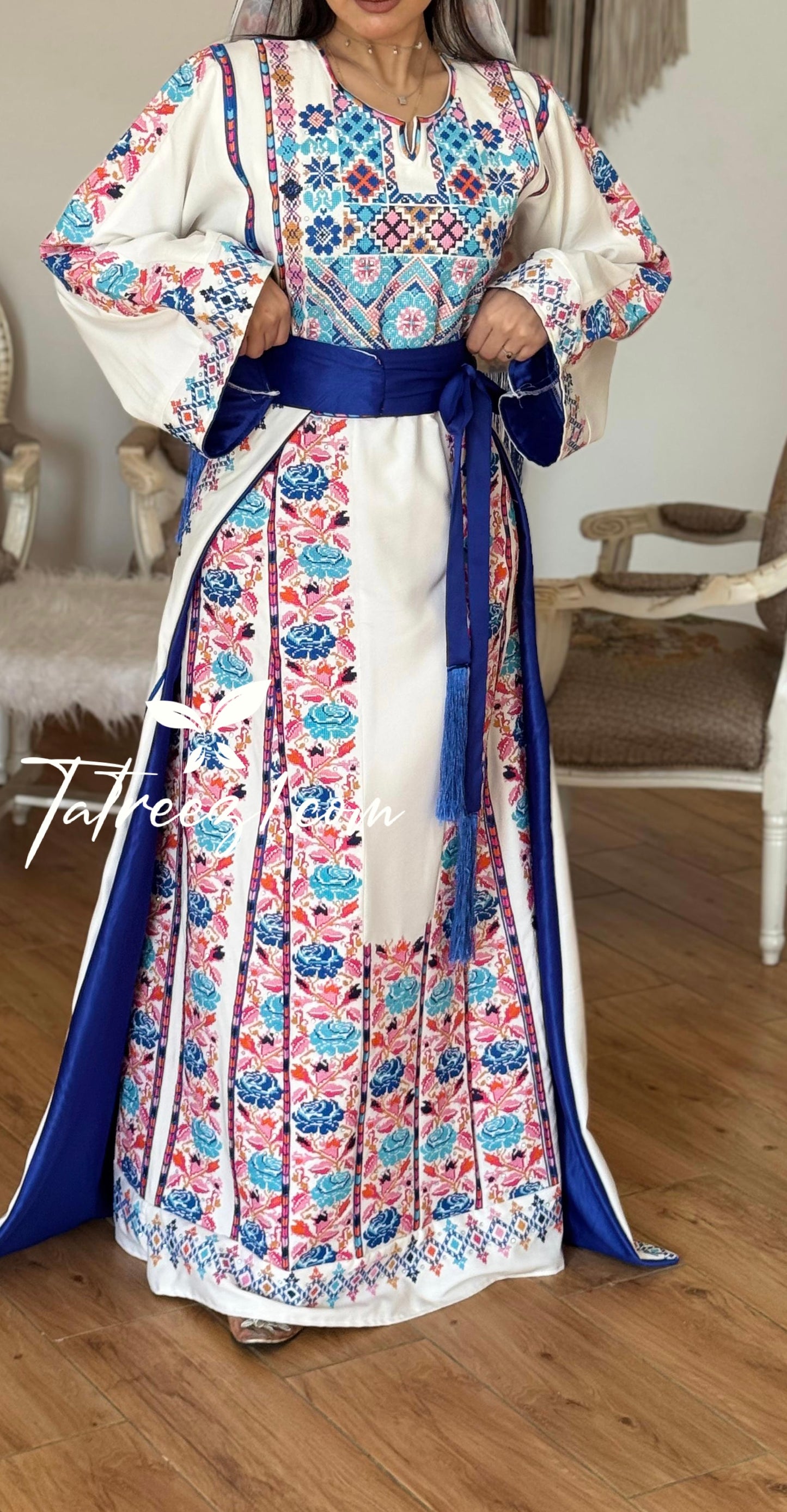 White Stunning Thoub with Floral Blue/Pink Embroidery and Overskirt.