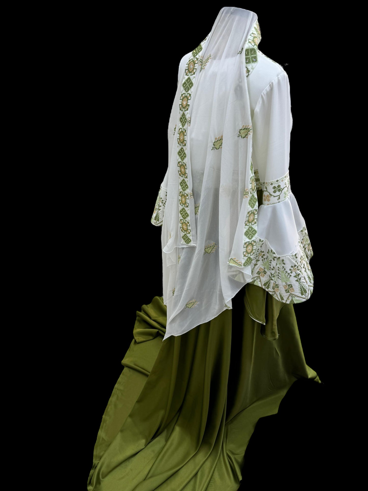 Preorder Green Wedding Embroidery Dress, comes with an overskirt and matching headpiece.