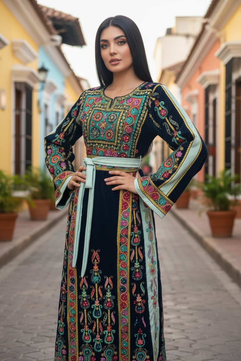 Turquoise Velvet Malacca Embroidered Palestinian Fellahi Thobe