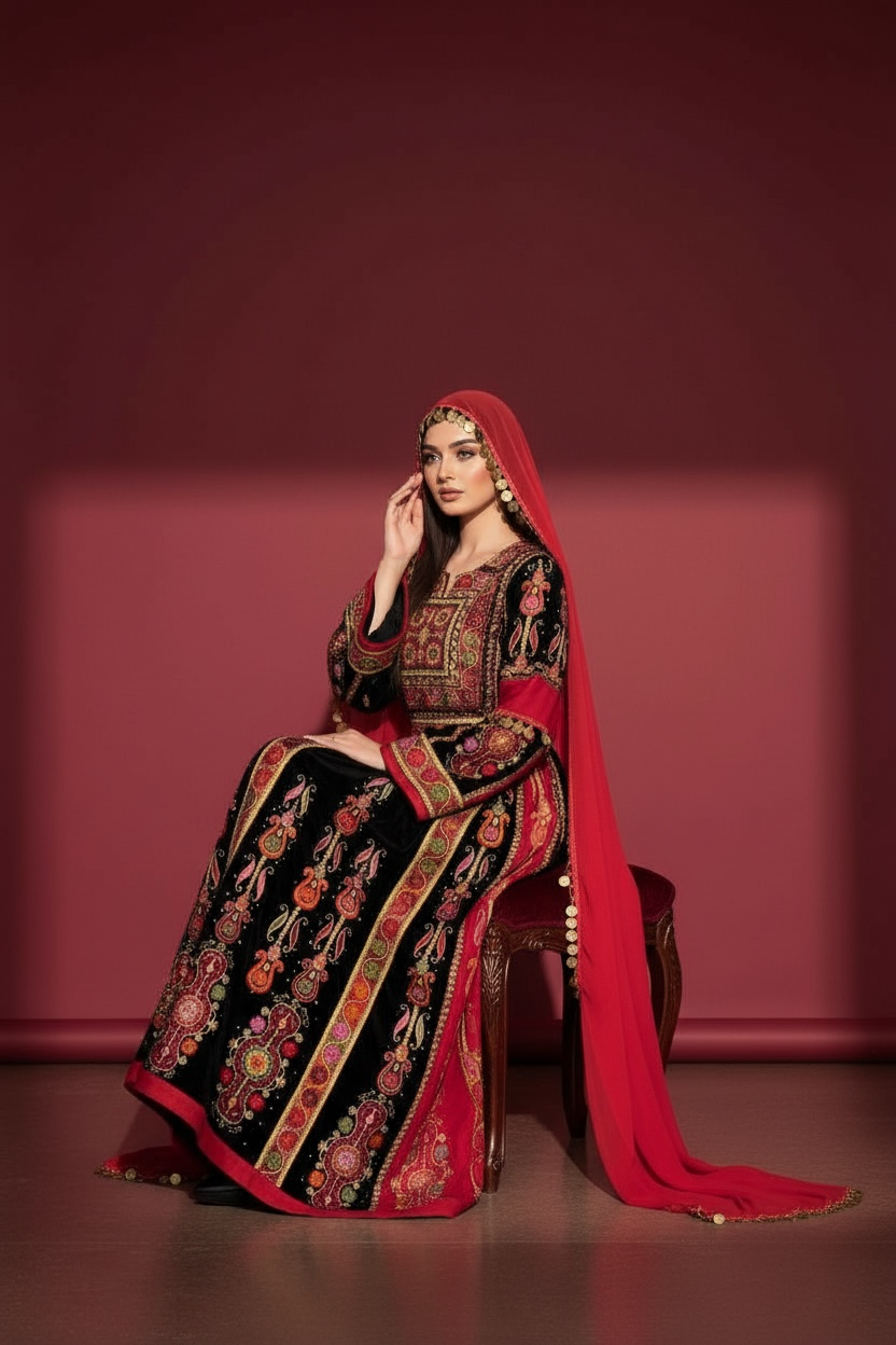 Black Velvet Malacca  Red Embroidered Palestinian Fellahi Thobe