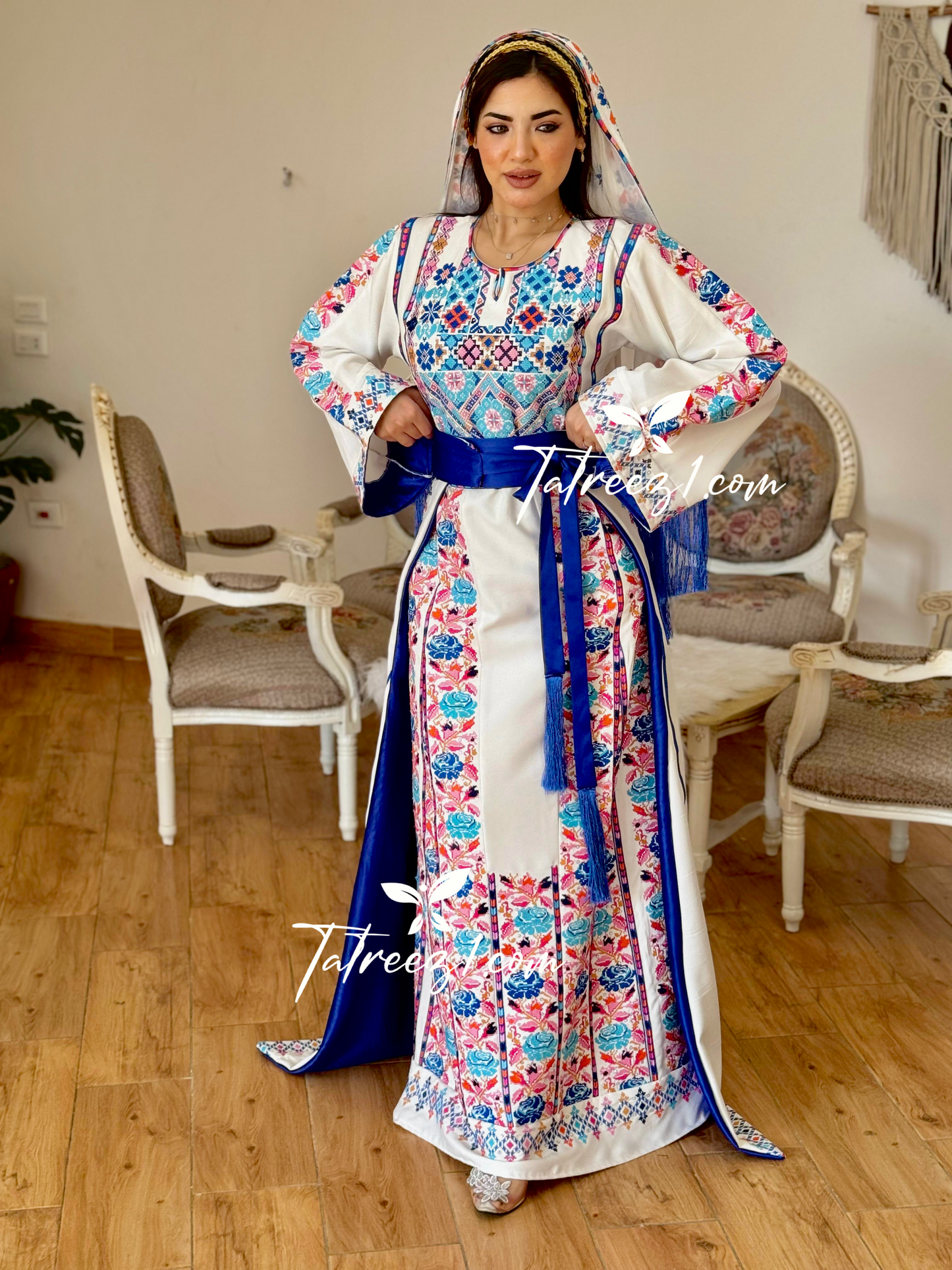 White Stunning Thoub with Floral Blue/Pink Embroidery and Overskirt.