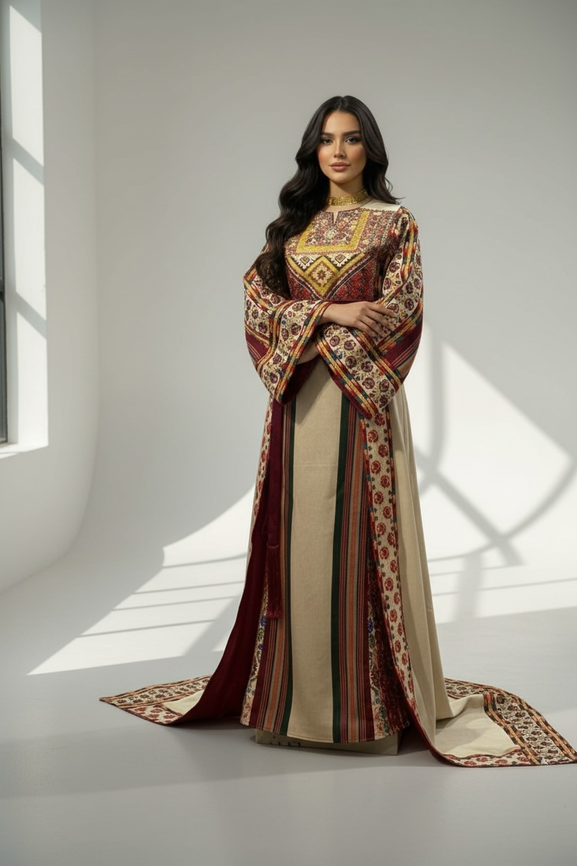 Beige Majdalway Embroidered Palestinian Fellahi Thobe With Matching Headpiece & overskirt