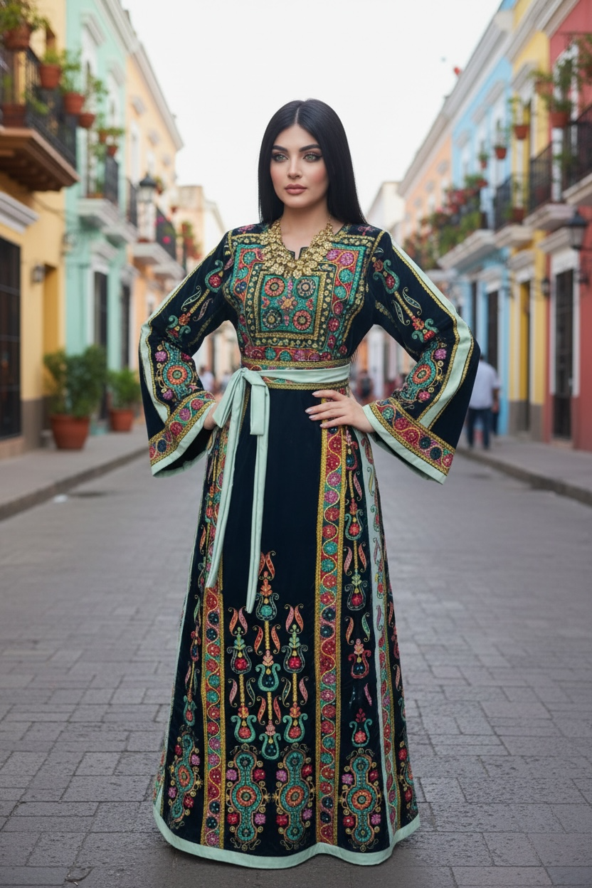 Turquoise Velvet Malacca Embroidered Palestinian Fellahi Thobe