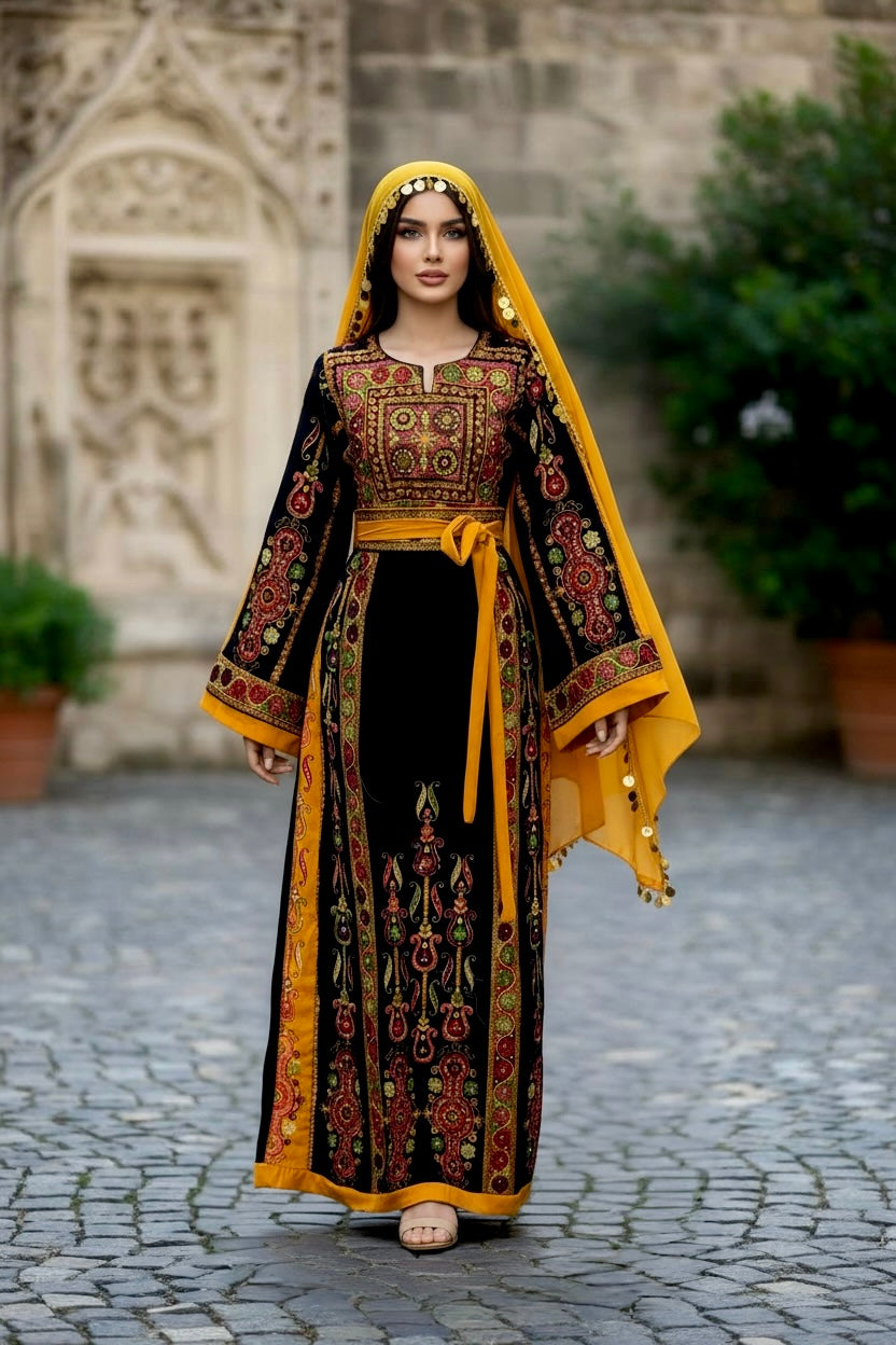 Midnight Velvet Malacca Embroidered Palestinian Fellahi Thobe